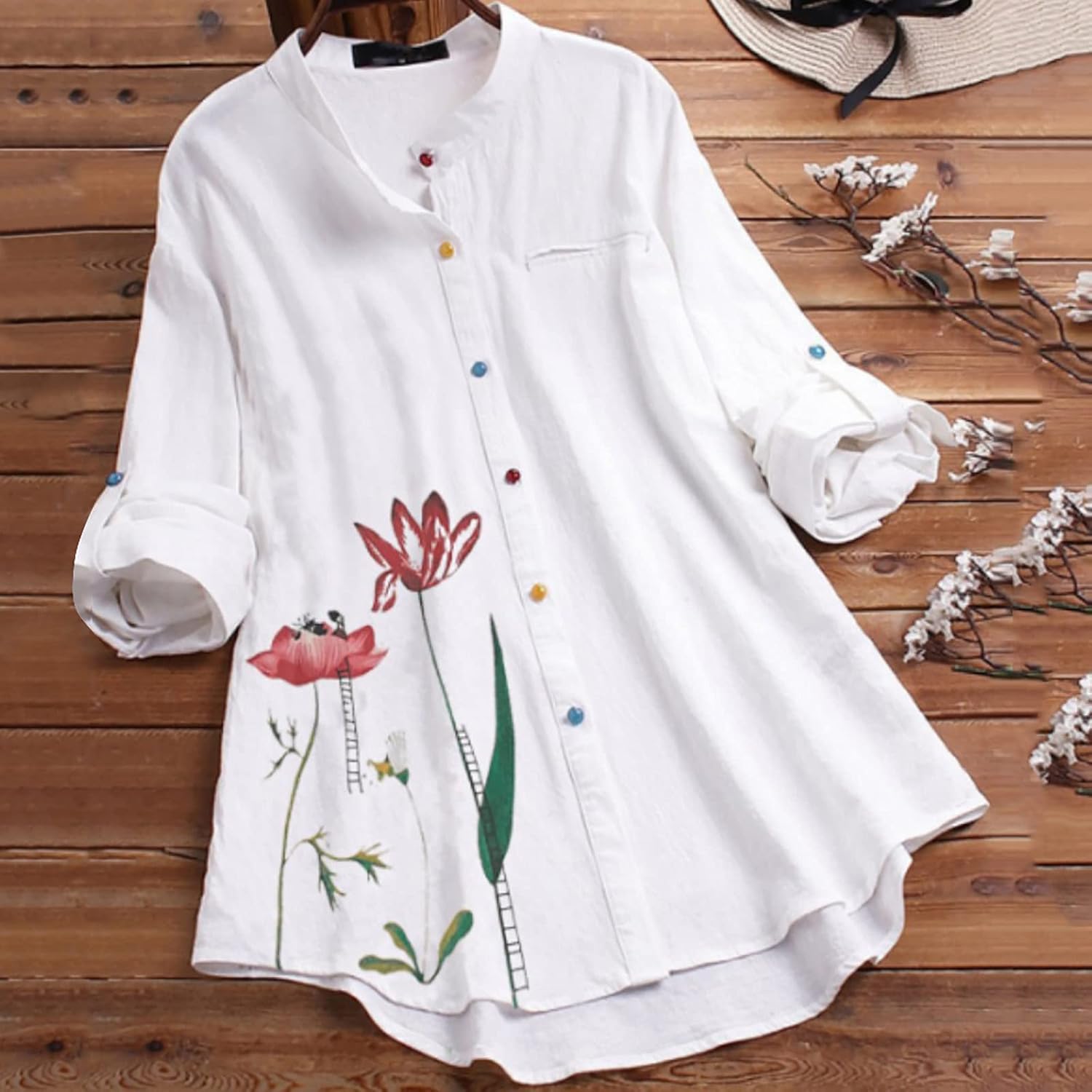 Nyybw Flower Print Long Sleeve Tops for Womens Casual Round Neck Button Down Shirts Fashion Roll Sleeve Tunic Tops Blouse at  Women’s Clothing store