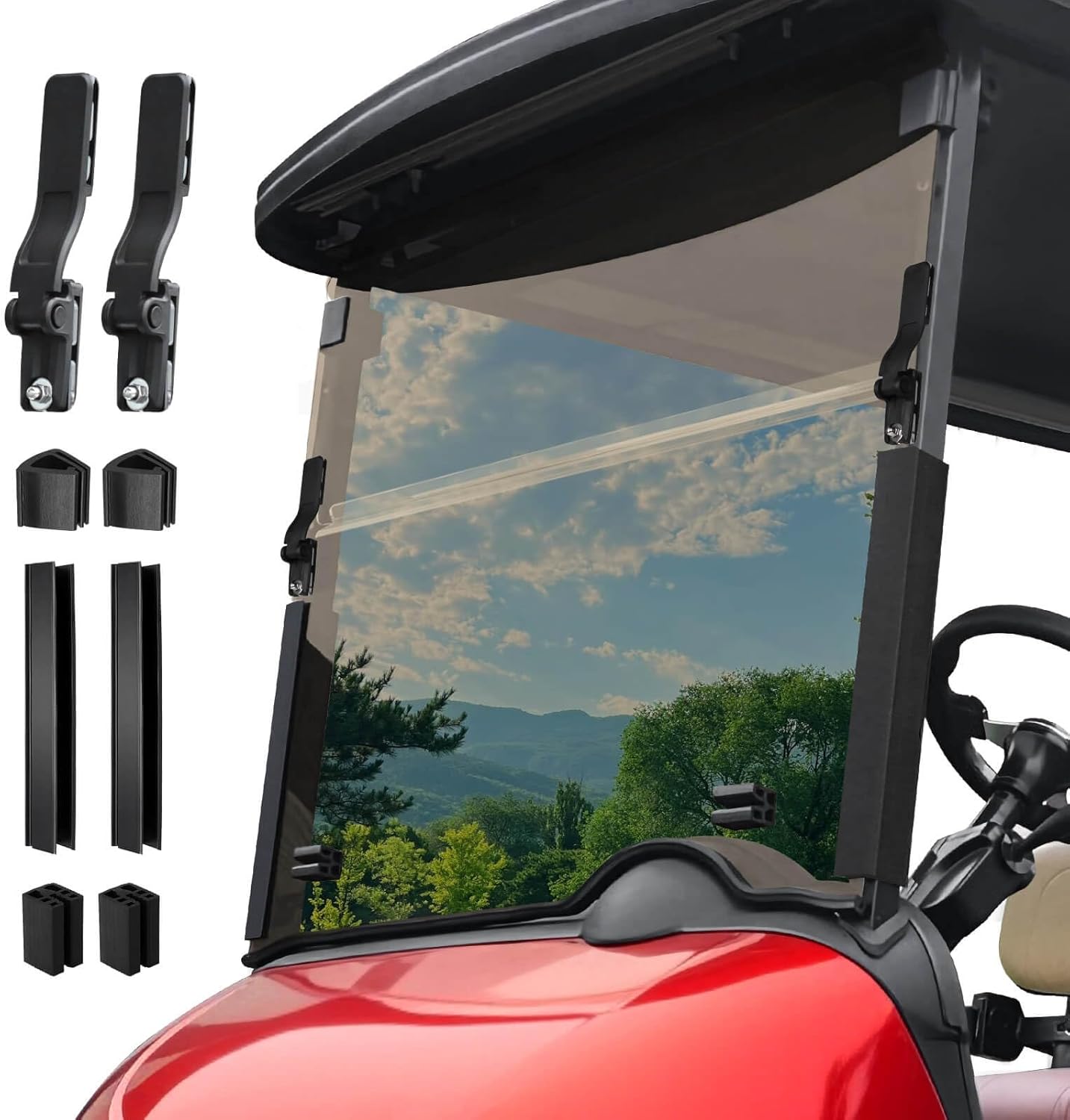 5MM Thick Upgrade PC Foldable EZGO RXV Golf Cart Windshield with Heavy Duty Hinges Only Fit for 2008-Up EZGO RXV with 1.25" Struts Rail, Anti-UV Impact Resistant Golf Cart Windshield
