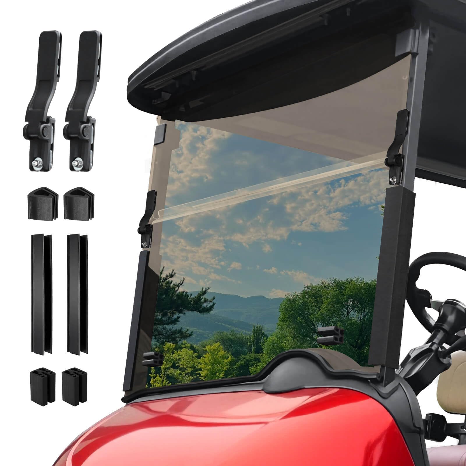 View 1 of ***cracked  around hinge****5MM PC Tinted Golf Cart Windshield for EZGO RXV 2008-Up, Heavy Duty Hinges