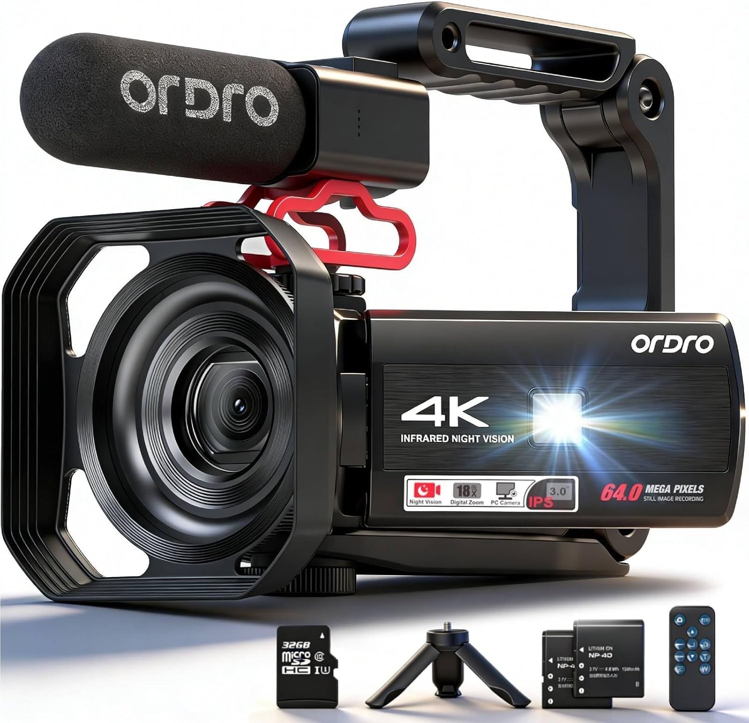 ORDRO 4K Video Camera Camcorder 64MP Vlogging Cameras for YouTube 18X Digital Zoom IR Night Vision Camera Recorder 3.0" Touch Screen with 32G Card, Mic, Lens Hood,Tripod-picture-23