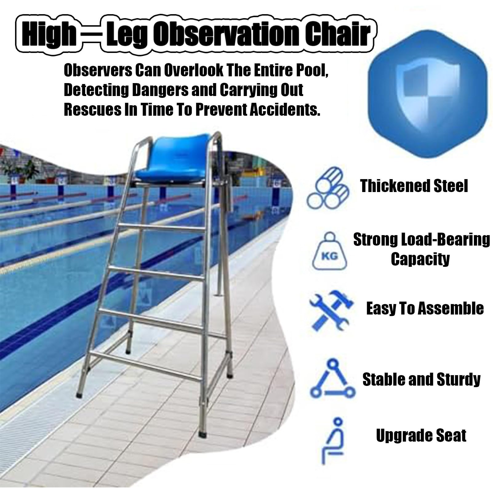 Chaise de sauvetage d'extérieur pour piscine, plage, lac, terrasse - Acier inoxydable 210 - Charge maximale : 330 kg - Hauteur : 1,5 m