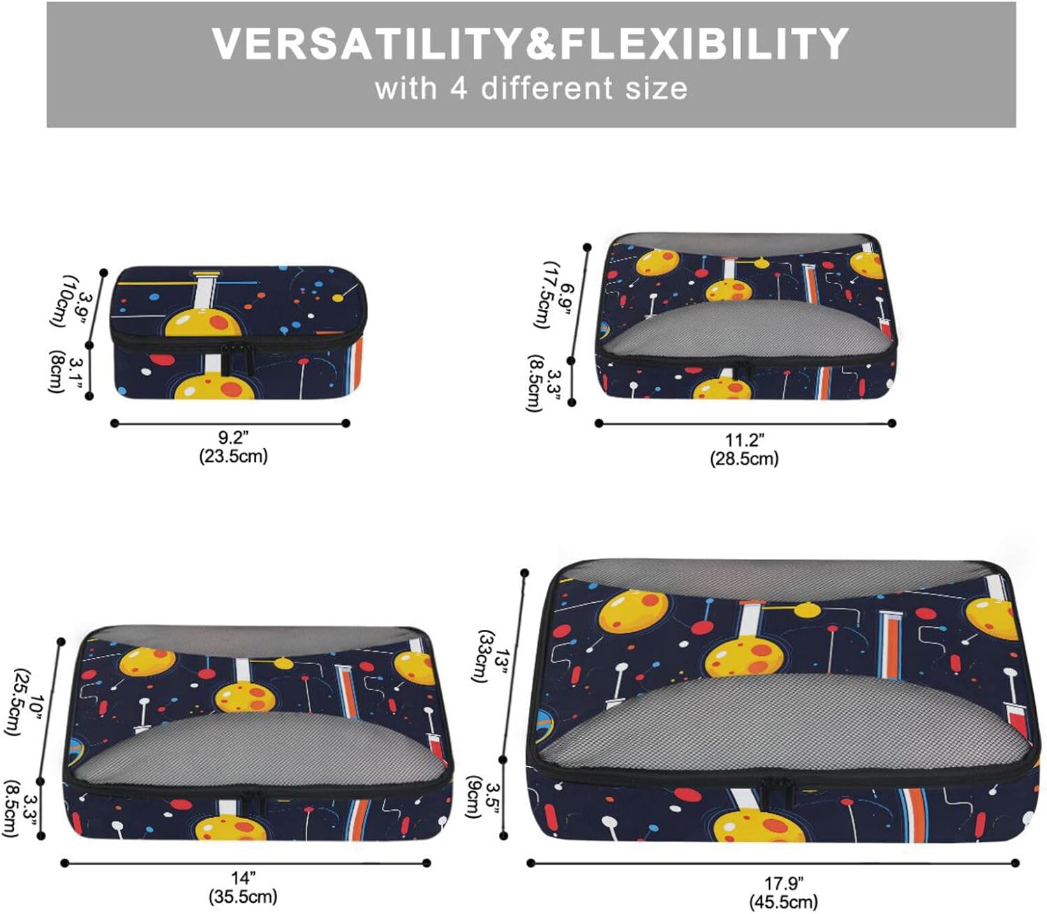 Cartoon Experimental Black 4 Pcs set organizer bags for Mesh Travel Essentials portable luggage packing cubes