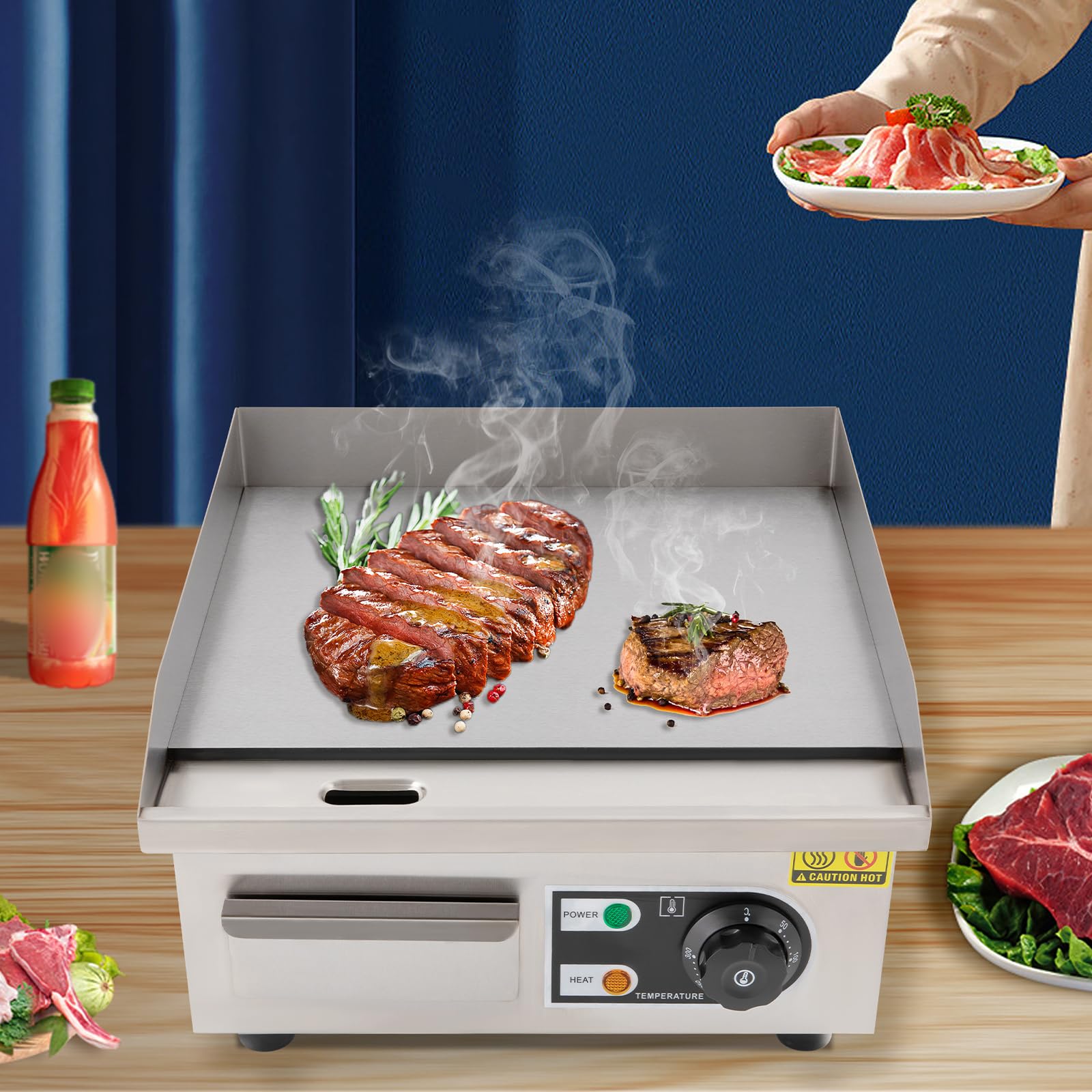 Flacher Grill Profi Gusseisen Grillplatte elektrisch,Die vergrößerte Größe (14 Zoll),Edelstahl Grill,mit Schaufeln und Bürsten, Eisenkochplatte für Restaurant und Heimgebrauch,Das Hochleistungs-2000W