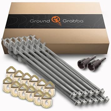 GROUNDGRABBA Screw in Tent Stake for Normal to Hard Ground | Premium Drill Driven Ground Anchor Earth Screws | 12X Pro II Stakes 2 Foot, 12X GroundGrabba Closed Hooks, 1X 5/8" Hex Socket Driver