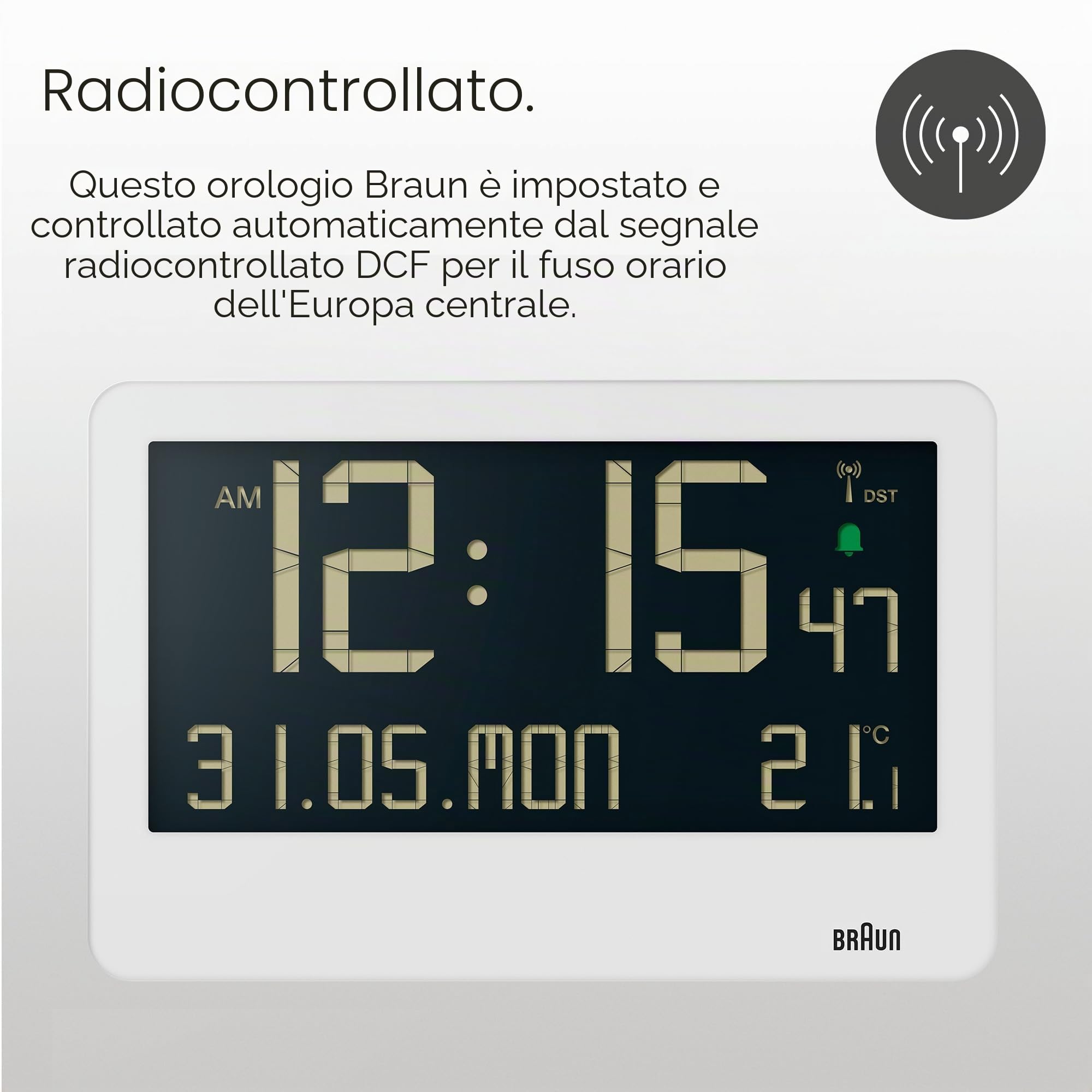 Braun Orologio da Parete Digitale Radiocontrollato con Ora dell'Europa Centrale (DCF) con Temperatura, Data, Giorno, Ampio Display LCD Reverso, Allarme Acustico Crescendo in Bianco, Modello BC14W-DCF