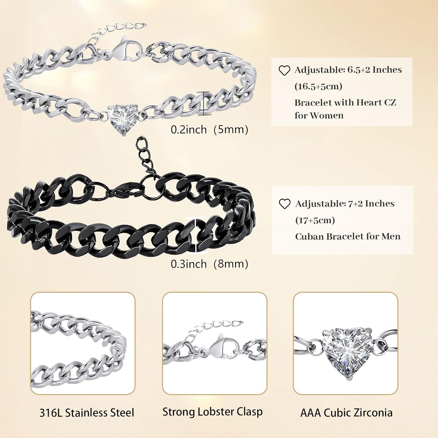 GLEZZA Matching Couple Cuban Chain Bracelets Gifts for Boyfriend Husband Soulmate Girlfriend Valentine Anniversary Birthday Christmas Gift for Him Her - Image 6