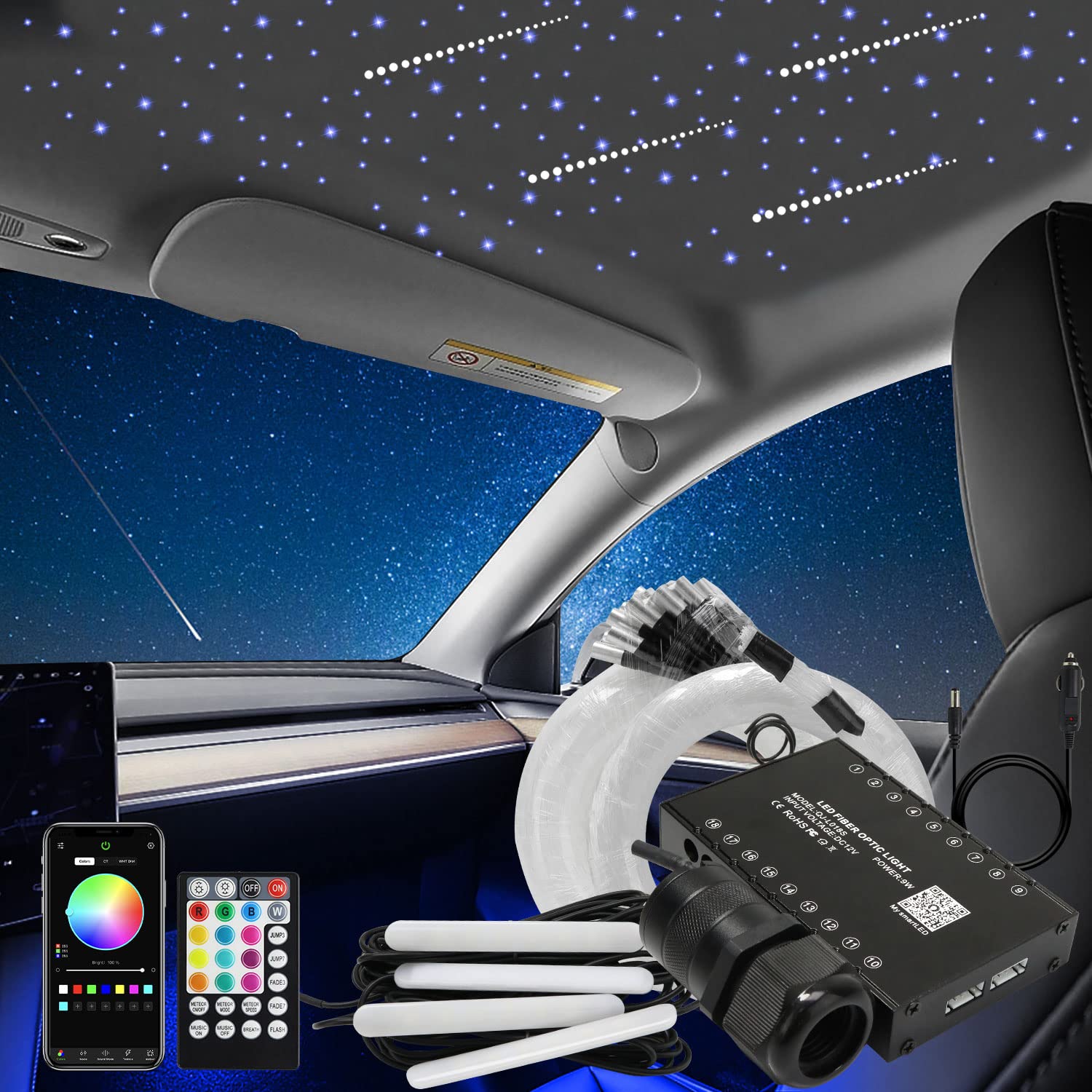 AKEPO 3in1 Fiber Optic Lights Kit APP Control Headliner Starlight, Shooting Star+Music Activated Under Dash Interior LED Light and 6W RGBW Fiber Optic Star Light, 550pcs 0.03in 13.1ft Fiber Strands