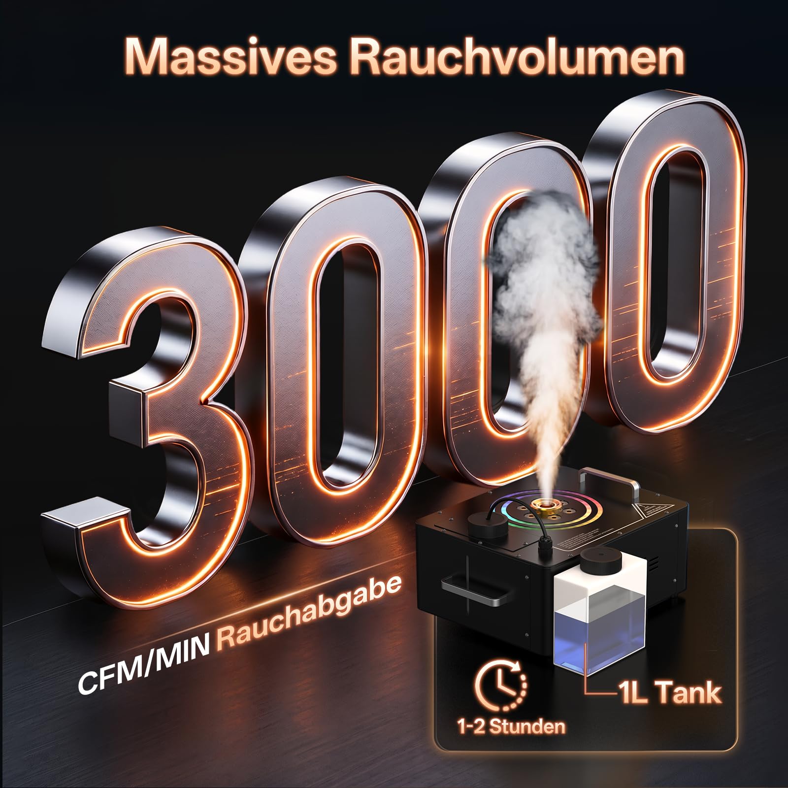 Nebelmaschine, 1500W Hängbare Rauchmaschine DMX mit 6 RGB LED und 2 Lichtringen, 3000CFM Smoke Machine mit Fernbedienung und 4 Lichteffektmodi für Bühne Hochzeit Halloween Weihnachten
