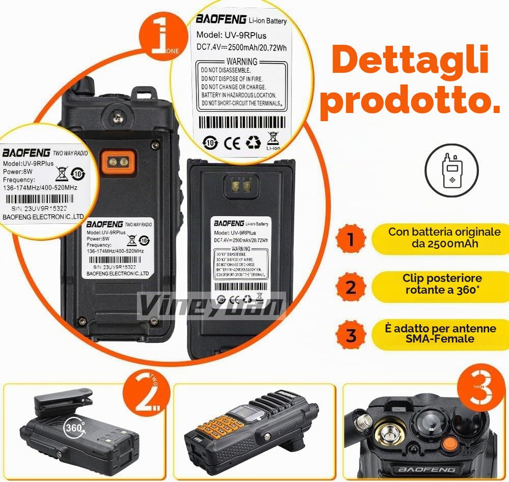UV-9R Plus Radio Doppia Banda 8W 2500mAh UHF VHF IP67 Impermeabile alla polvere Ricetrasmettitore Walkie Talkie impermeabile alla polvere