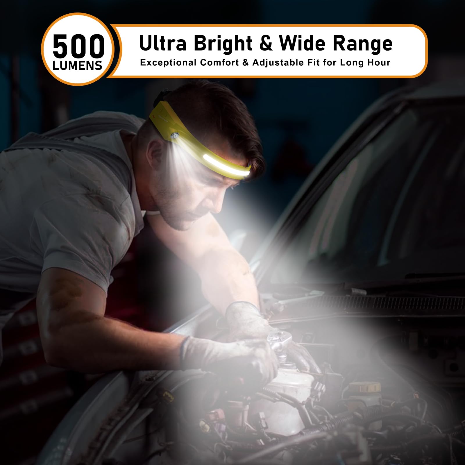 Lampada frontale a LED ricaricabile, confezione da 2, 350 lumen, impermeabile, ampio fascio di luce a 230°, ricarica USB-C (giallo), leggera, confortevole, regolabile, ideale per campeggio