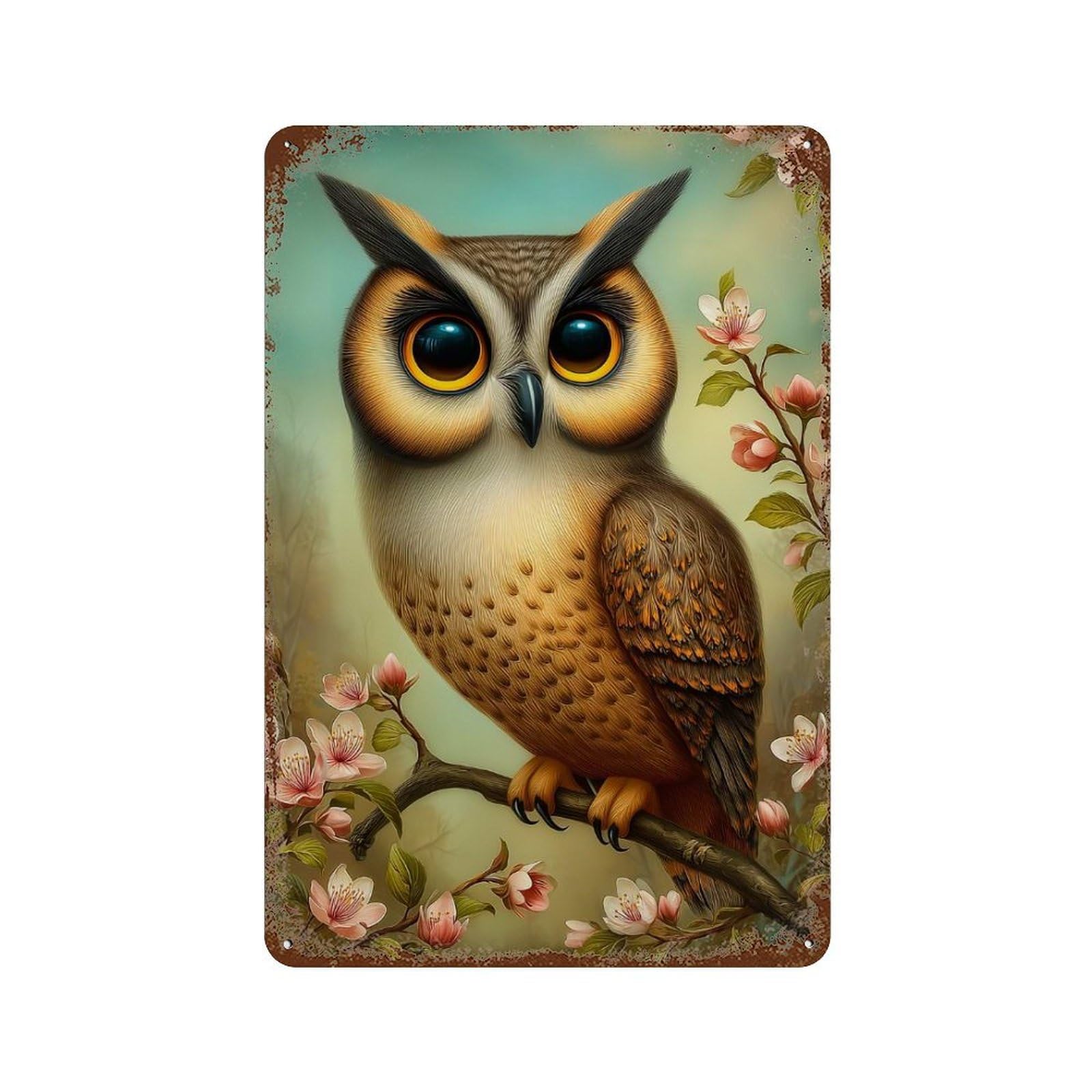 Rust Effect Owl Perched on Flowering Branch Weathered Tin Sign 11.8"x7.9", Shabby Chic Decor for Cafe, Home Bar And Lounge Decor
