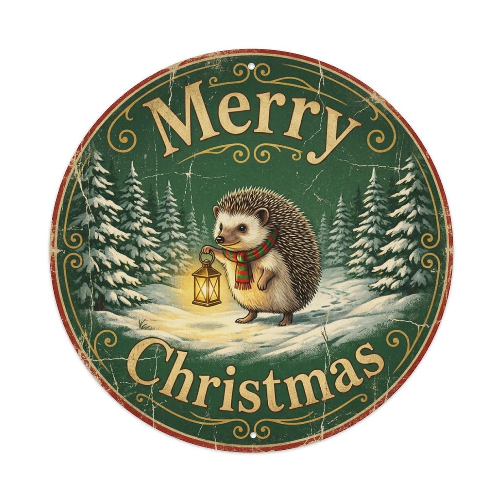 Merry Christmas Hedgehog Lantern Path Metal Tin Sign