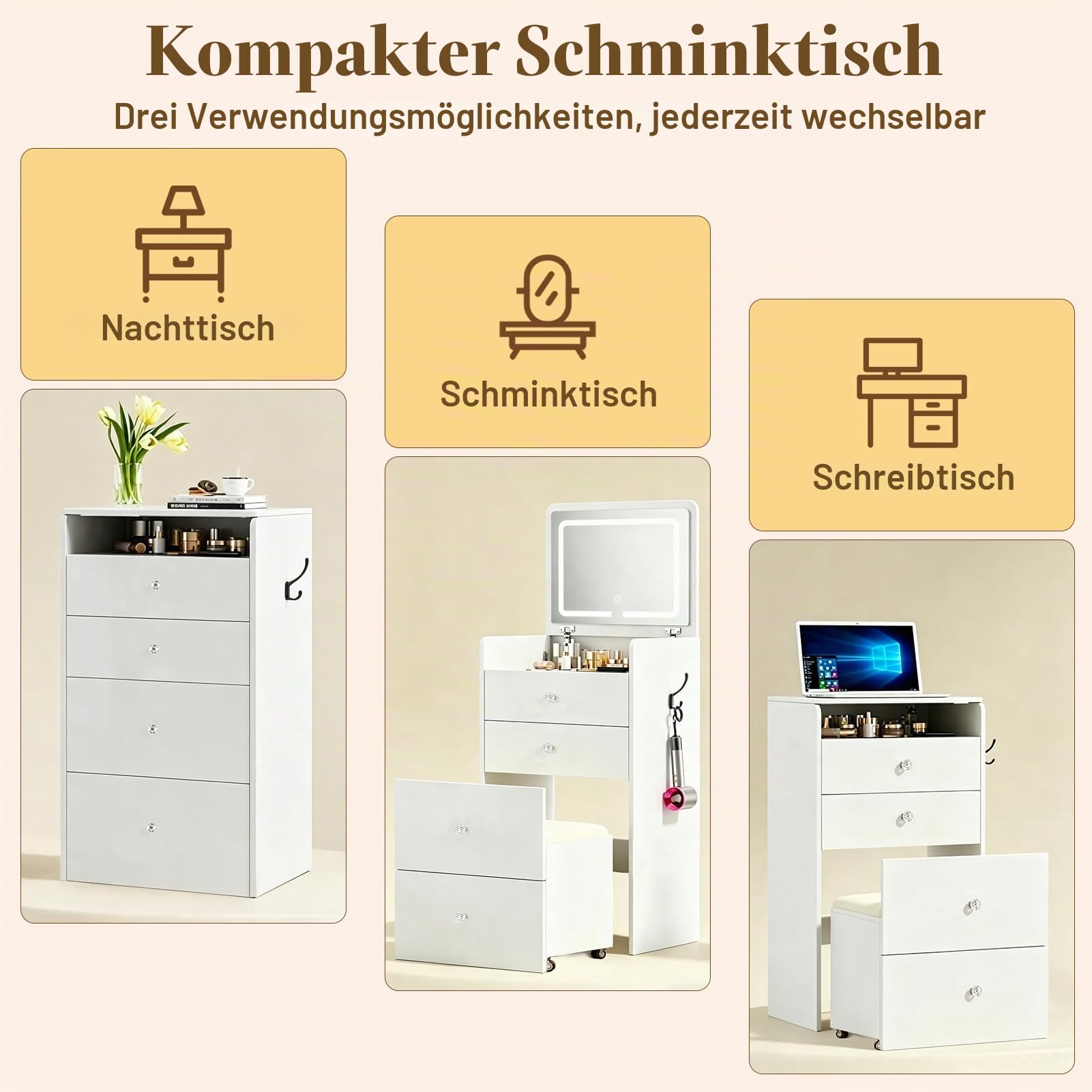 Kleiner Schminktisch mit Beleuchtung, Schminkkommode Schmal mit Klappspiegel, 3 in 1 Frisiertisch mit 3 Farben & Hocker, Kosmetiktisch 2 Schubladen, Sichtbarer Glasplatte für Kleine Räume (Weiß)