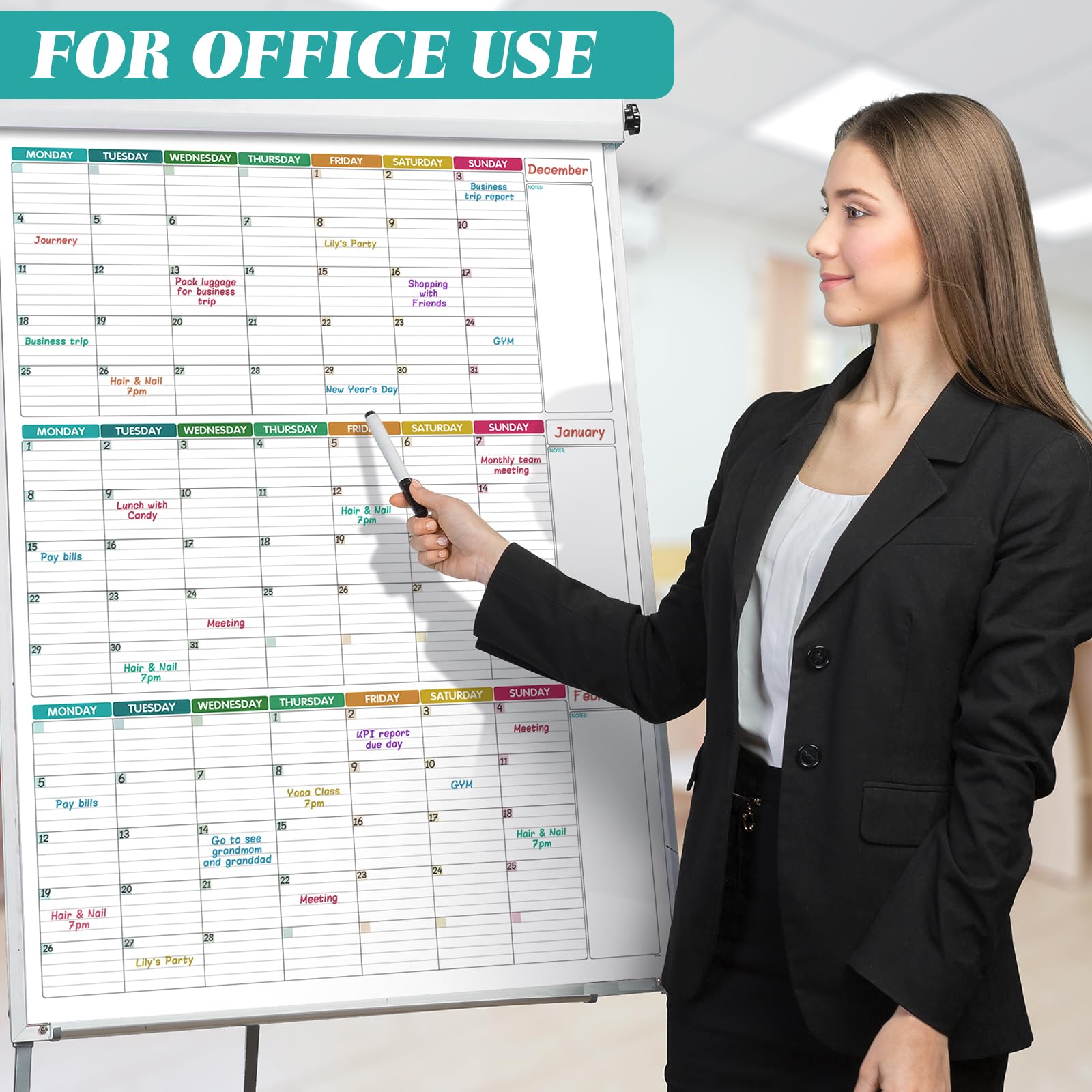 Großer Wandkalender, undatiert – Drei-Monats-Wandplaner, trocken abwischbar, wiederverwendbar, riesiges laminiertes Poster, Ziel- und Aufgaben-Organizer für Ihr Zuhause, Büro, 101 x 73 cm, bunt