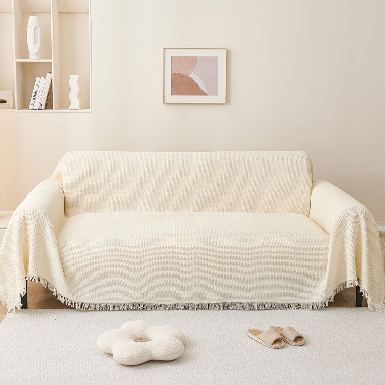 LHGOGO Waffle Weave Sofa Throw Large, Soft Cotton Blend Textured Blanket for 2 Seater Settee, Breathable Decorative Bed Throw, Elegant Furniture Protector for Pets & Kids, 180x230cm, Cream