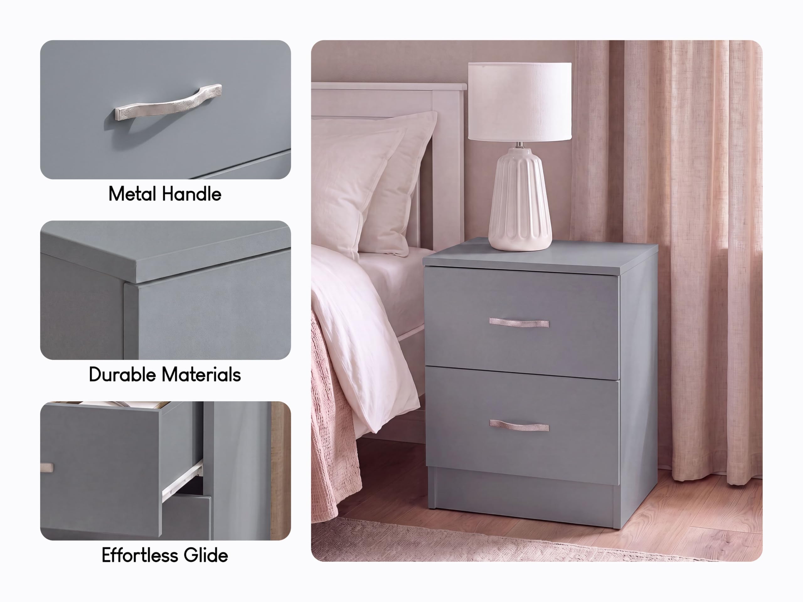 Vida Designs Nachttischkommode, Grau, H 47 x W 40 x D 36 cm Aprox