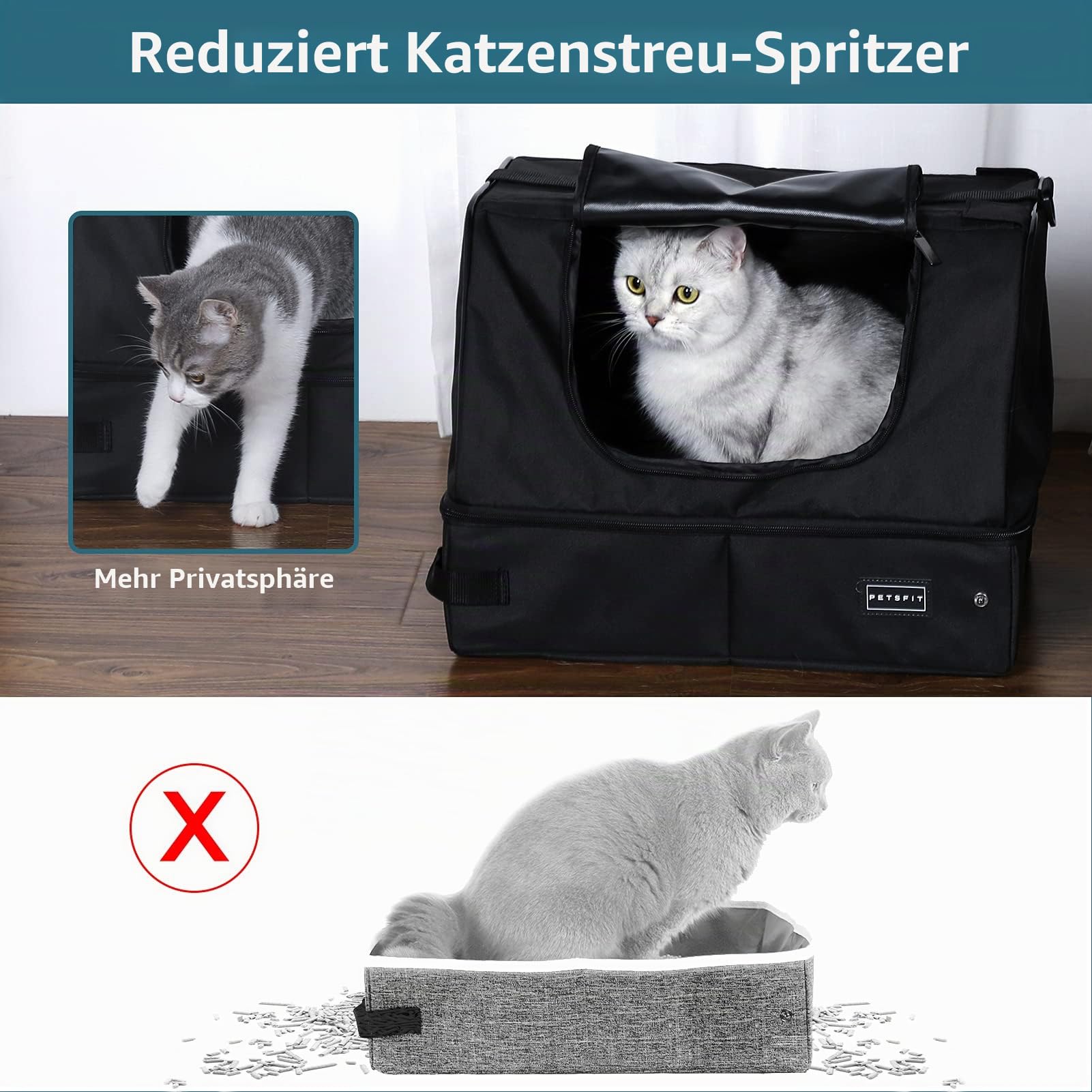 Petsfit Reise Katzentoilette mit Deckel, tragbare Katzen Reisetoilette mobiles Katzenklo für Auto, Portable Cat Litter Box für unterwegs