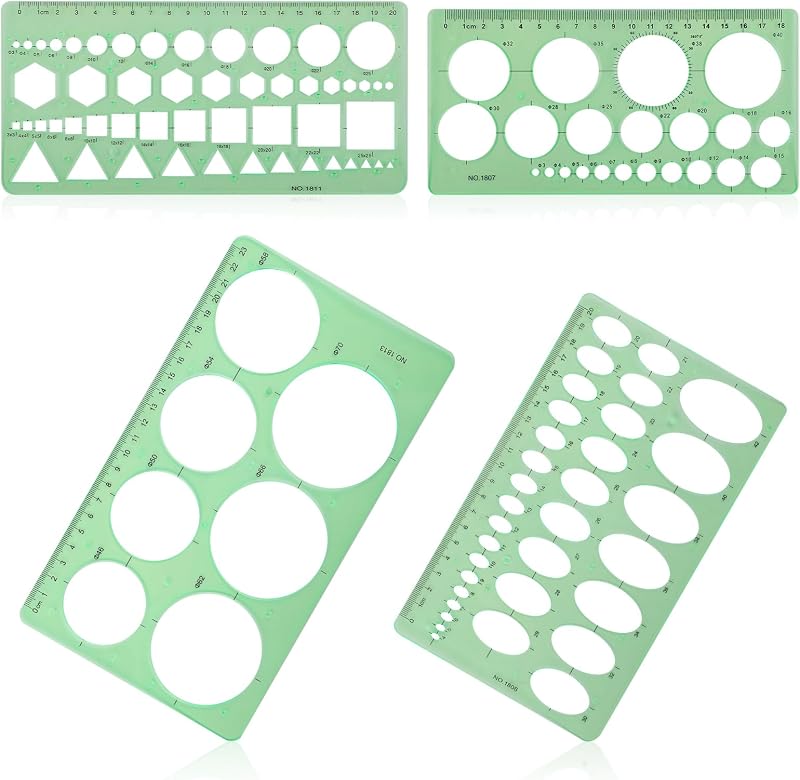 4pcs Circle Template for Drawing, Transparent Plastic Drafting Tool Various Geometric Round Circle and Oval Stencil Formwork Ruler Measuring Tool for Office School Building Drawings (Green)
