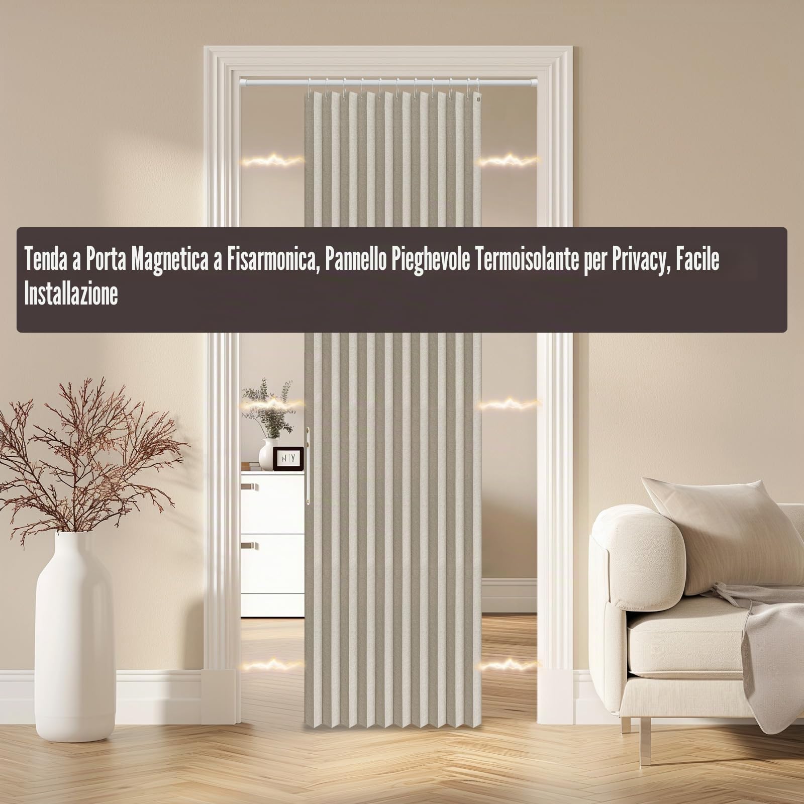 AJAZZ Tenda magnetica 100% oscurante, per porte a fisarmonica, per porte e armadi, invisibili, applicabili per camera da letto, soggiorno, porta (bianco panna, 132 x 198 cm (larghezza x lunghezza), 1