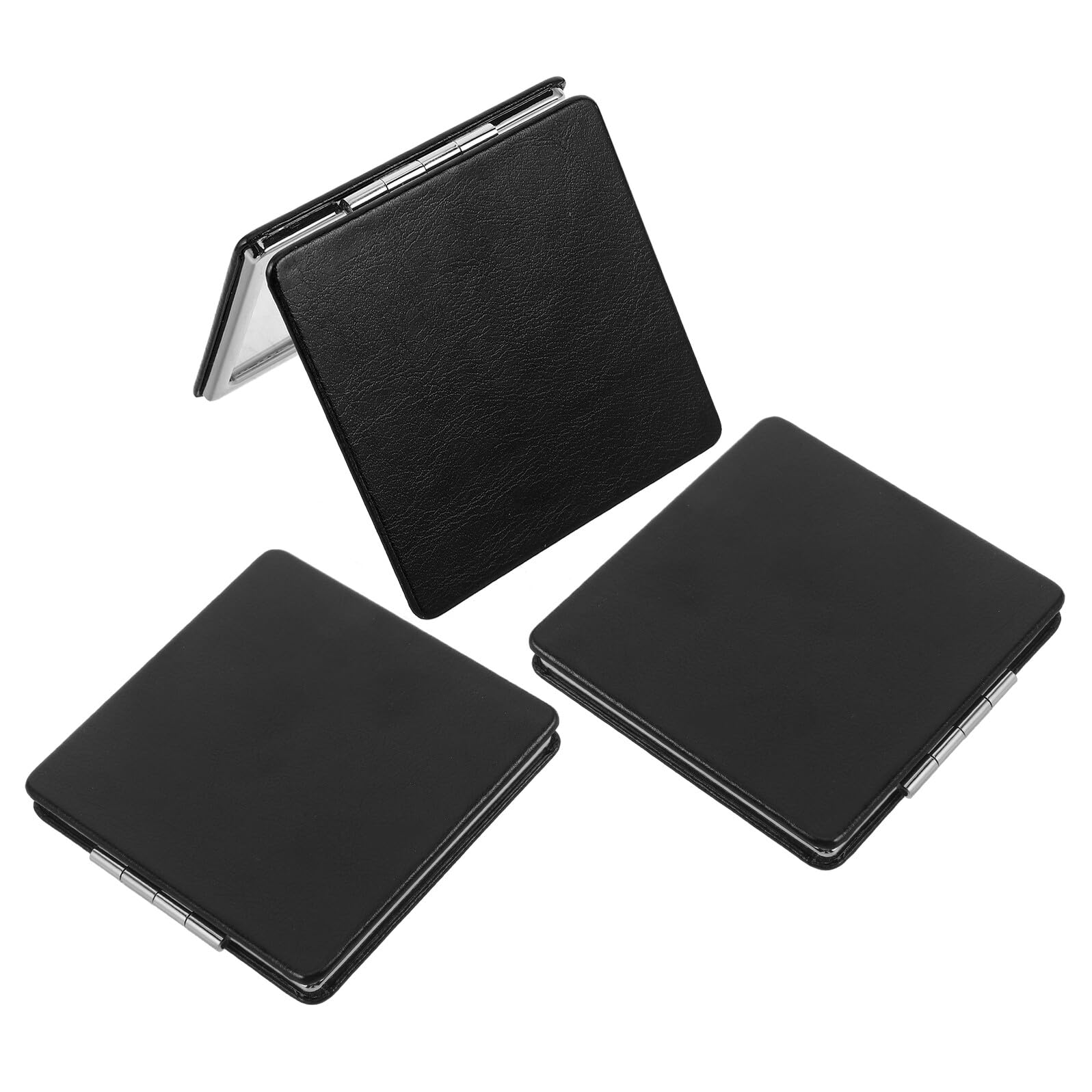 Espejo de Viaje Plegable Cuadrado 8 CM Negro Funda de Cuero, Espejo Compacto de Mano Doble Cara Aumento para Bolso, Maquillaje y Afeitado, Set de 3 Unidades