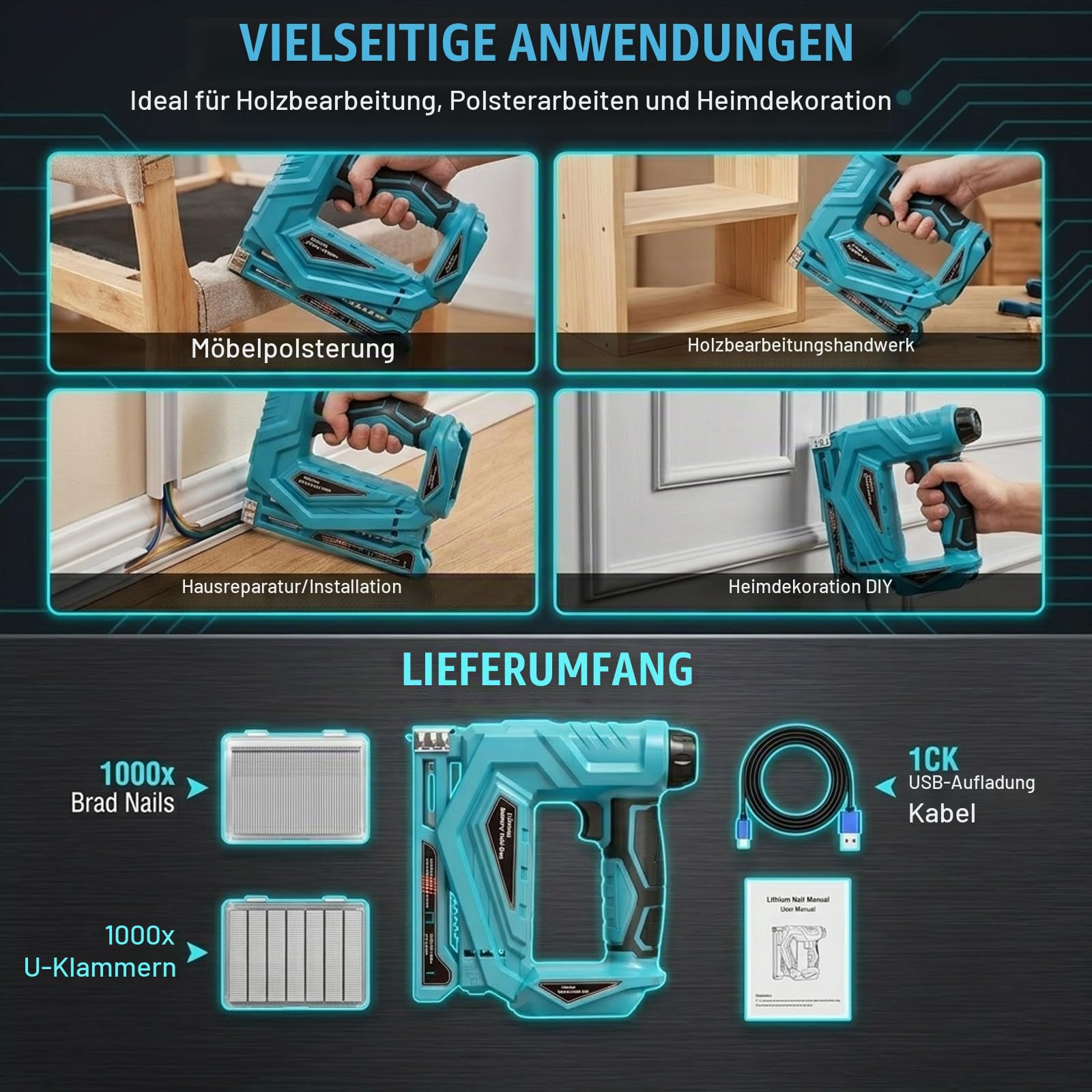 Akku-Nagler Kompatibel mit Makita 18V — 2-in-1 18GA Akku Tacker und Nagelpistole Typ140 mit 150 Schuss/min, inkl. 1000 Nägel & 1000 Klammern, für Möbel, Holz, DIY-Projekte (ohne Batterie)