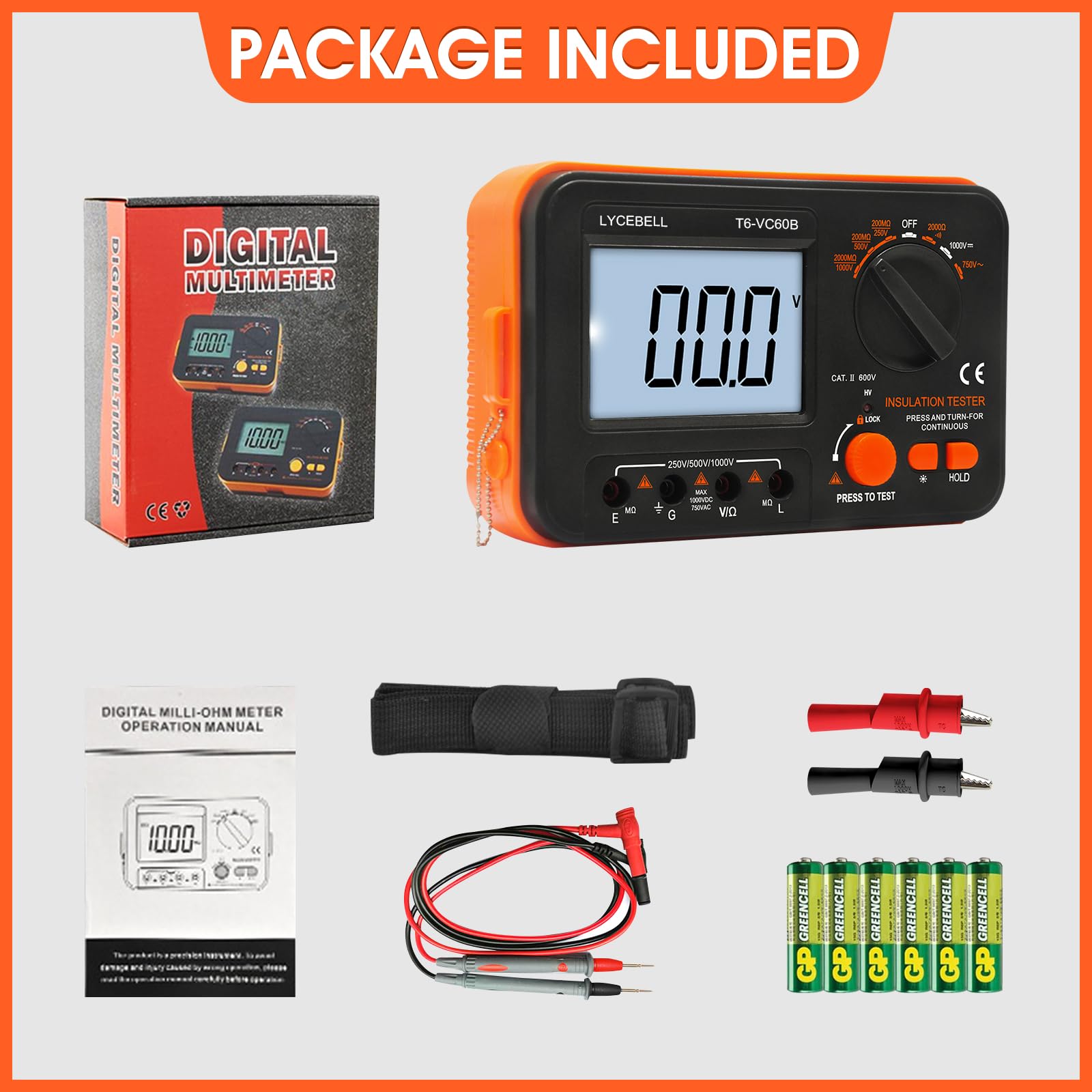 Testeur de Résistance D'isolement Numérique LC-VC60B 0,1~2000 MΩ Mégohmmètre, DC 250V/500V/1000V AC 750V avec d'alerte haute tension, écran LCD Rétroéclairé et Fils de Test et Clips de Test