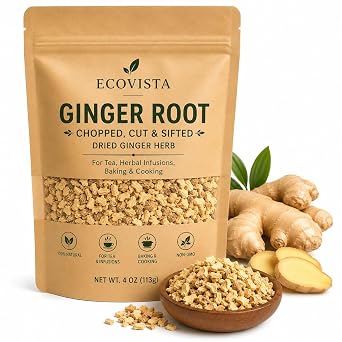 Ecovista Ginger Root 4oz | Chooped, Cut & Sifted Dried Ginger Herb | For Tea, Herbal Infusions, Baking & Cooking