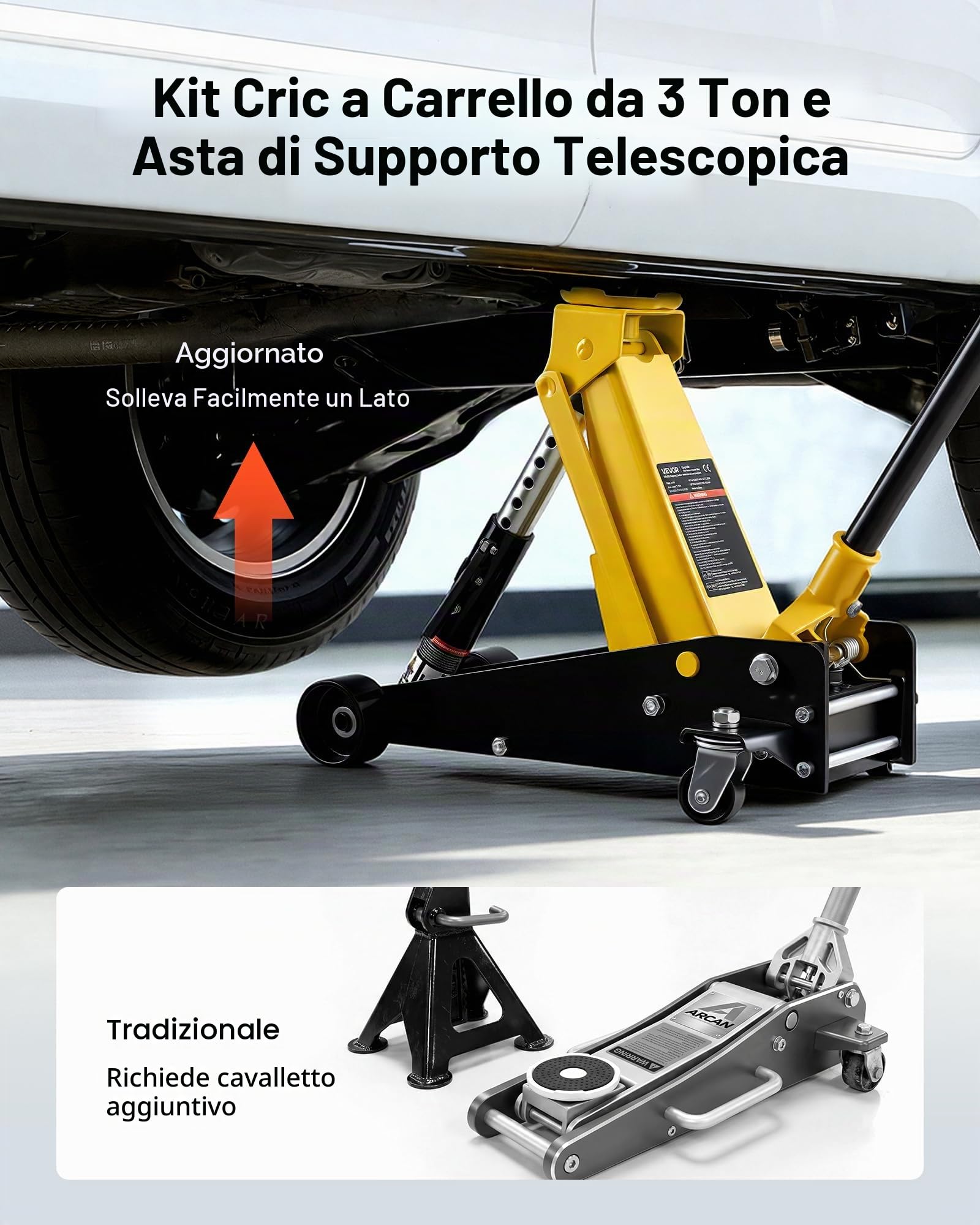 VEVOR Cric Idraulico a Carrello 3 Tonnellate a Basso Profilo, Cric Idraulico da Pavimento da Corsa in Acciaio a Pistone Singolo, Altezza di Sollevamento 130-500 mm, Multiuso per Auto Sportivo e SUV