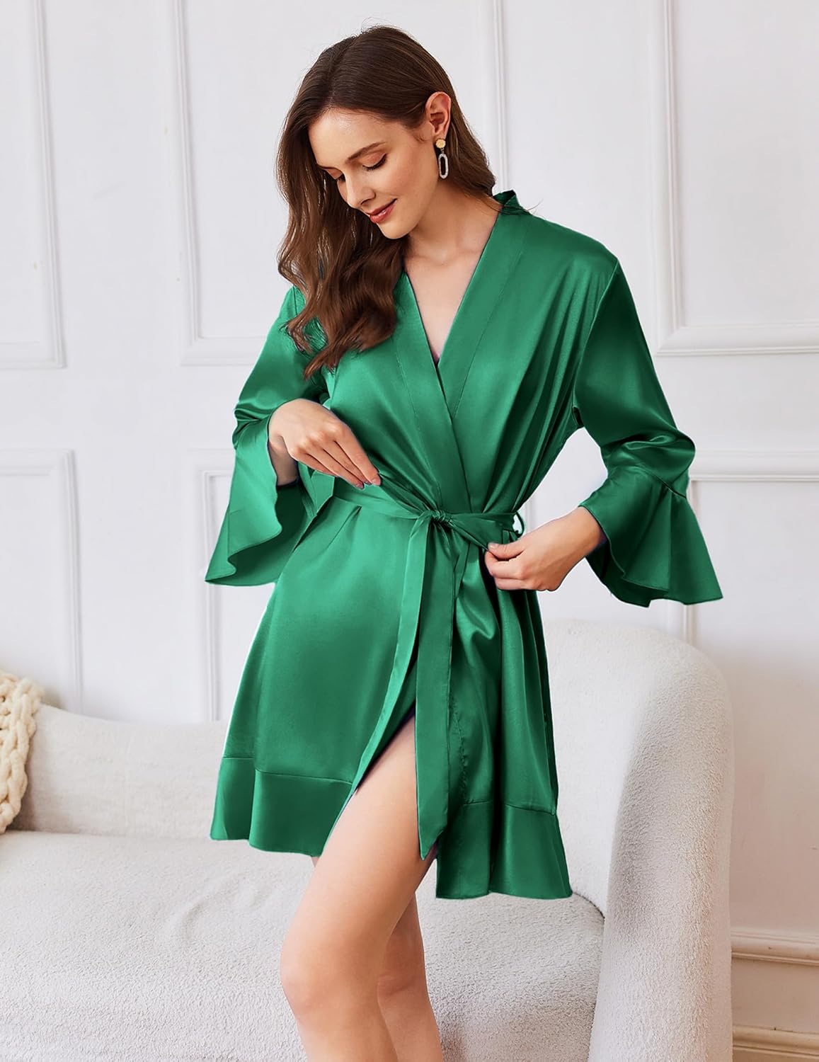 Ekouaer Satin Robe for Women Ruffle Hem Sexy Lingerie Robes Silky Bathrobe Bridesmaid Robes 3/4 Sleeve Sleepwear Peacock Blue L - Image 3