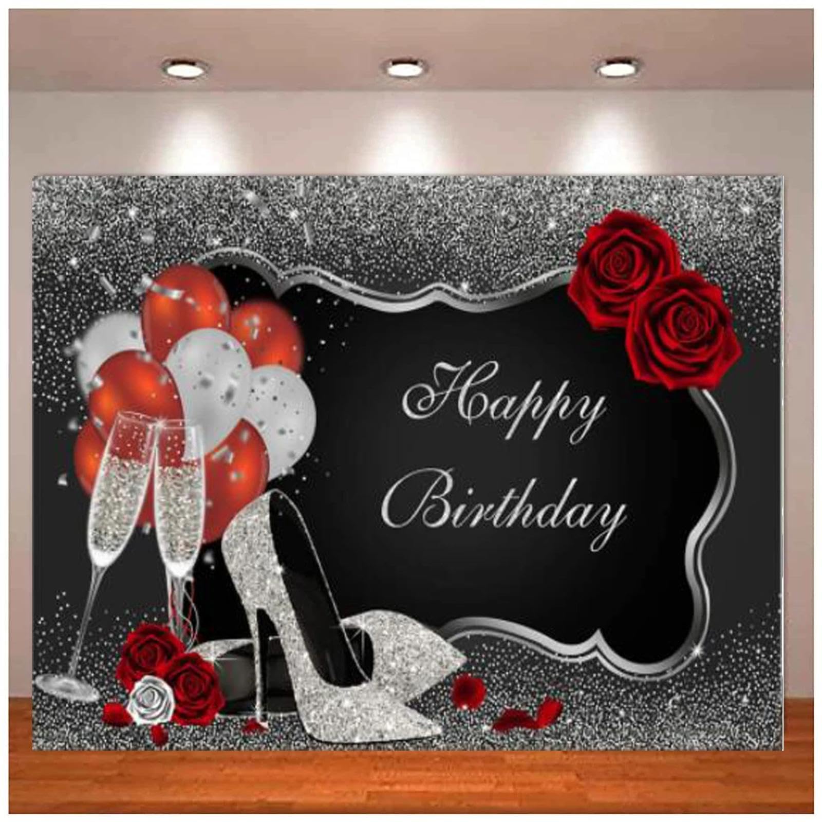 Splitter Und Schwarz Alles Gute Zum Geburtstag Hintergrund Glitzer High Heels Champagner Gläser Rote Rose Luftballons Frauen Party Hintergrund