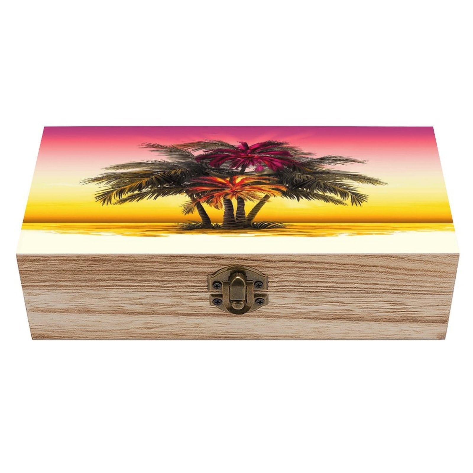 FekiLoot Tropical Flower Palm Tree Wooden Box with Hinged Lid Vintage Storage Box Beautifully Wood Keepsake Boxes Jewellery Organiser & Trinket Holder Unique Gift Ideas for Men & Women