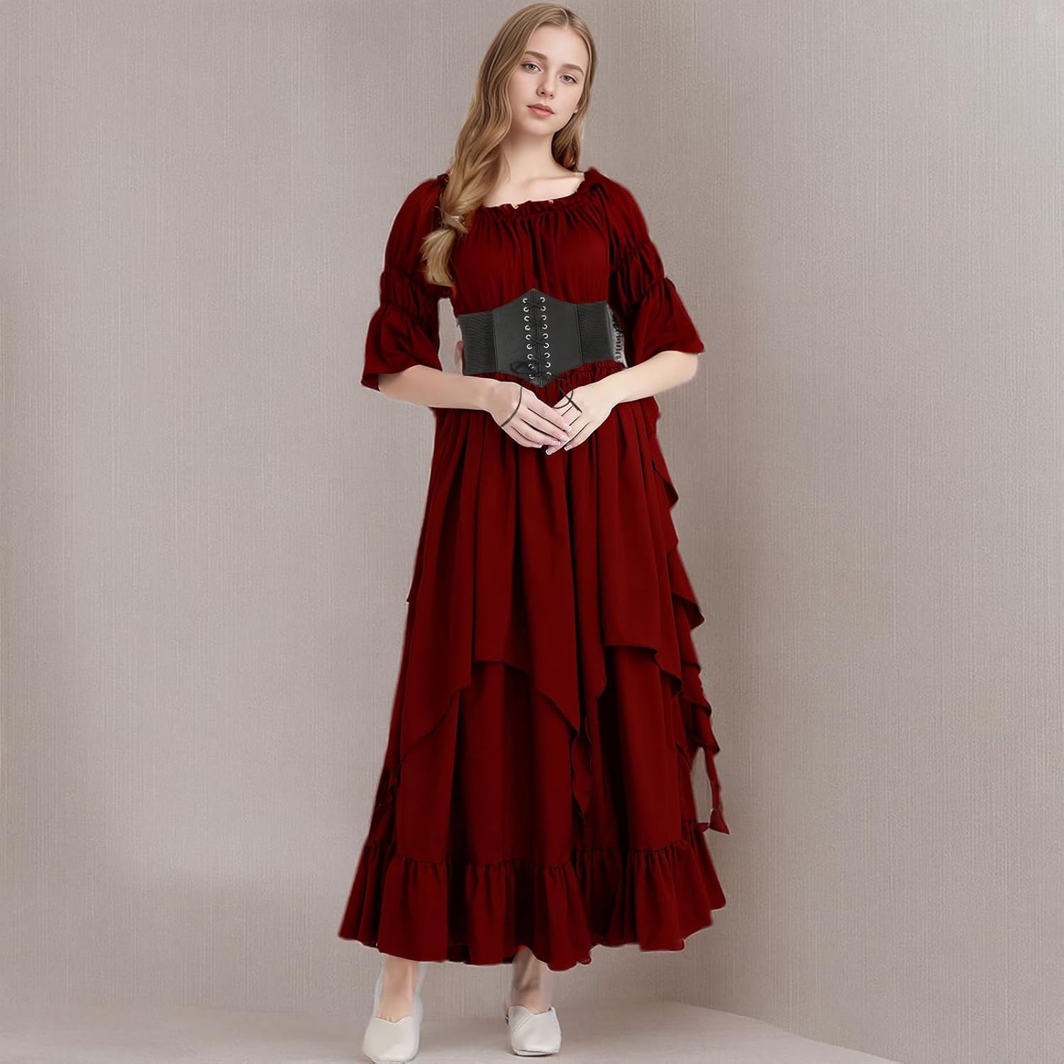 Renaissance Dress Women Gothic Witch Dress Medieval Ruffle Victorian High Low Dress Costume Set with Corset Belt - Image 7