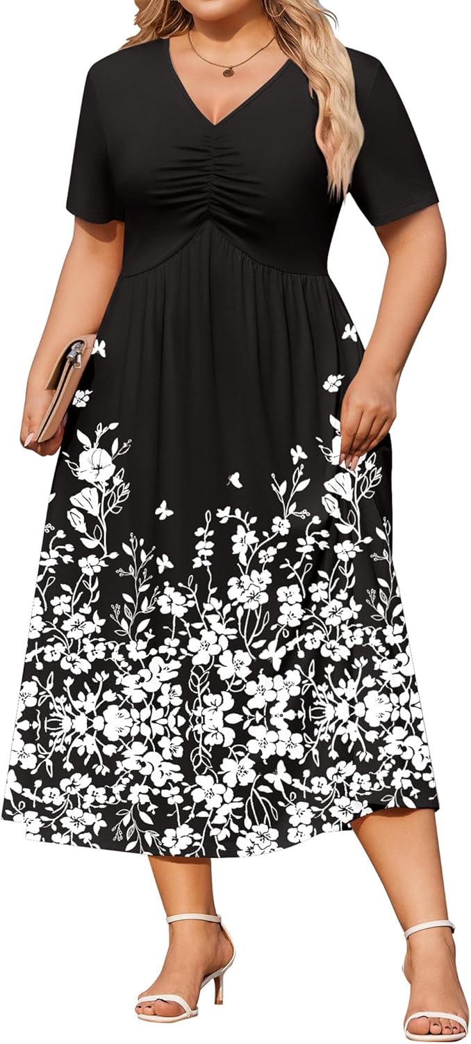 IN'VOLAND Women Plus Size Short Sleeve Dress Summer Casual V-Neck Ruched Aline Midi Dresses with Pockets