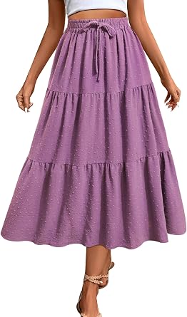 SEAFORM Womens Polka Dot Midi Skirts Flowy High Waisted Skirts Elastic Casual Skirts for Women with Decoration Drawstring
