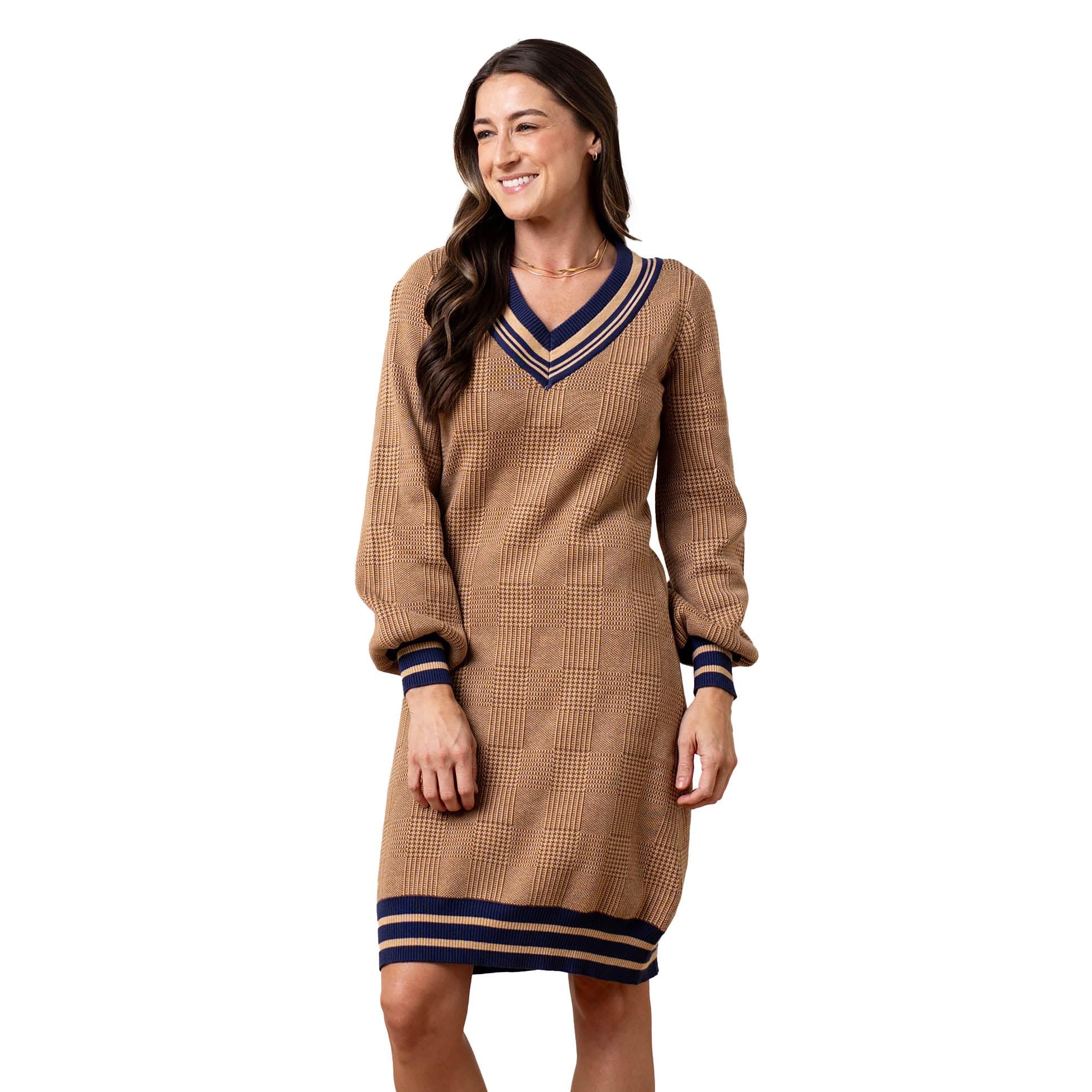 Hope &amp; Henry Women's Organic Intarsia Cricket Sweater Dress, 6, Brown Glen Plaid Intarsia