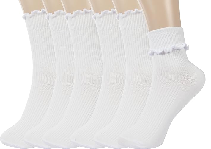 BomKinta Ruffle Socks Women - Turn-Cuff Frilly Sock - Lightweight Cotton Socks - 5-10 - All White