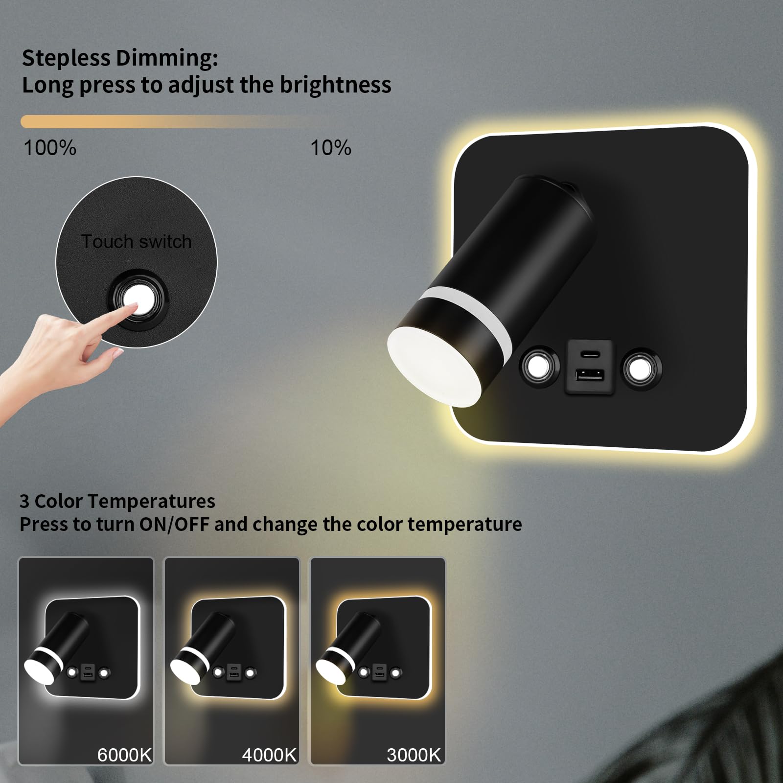 HUIZHOU Lámpara de lectura de LED montada en la pared toque 3 temperatura de color 12w puerto de carga USB 350 ° cama giratoria lámpara de lectura dormitorio de la (Negro cuadrado)