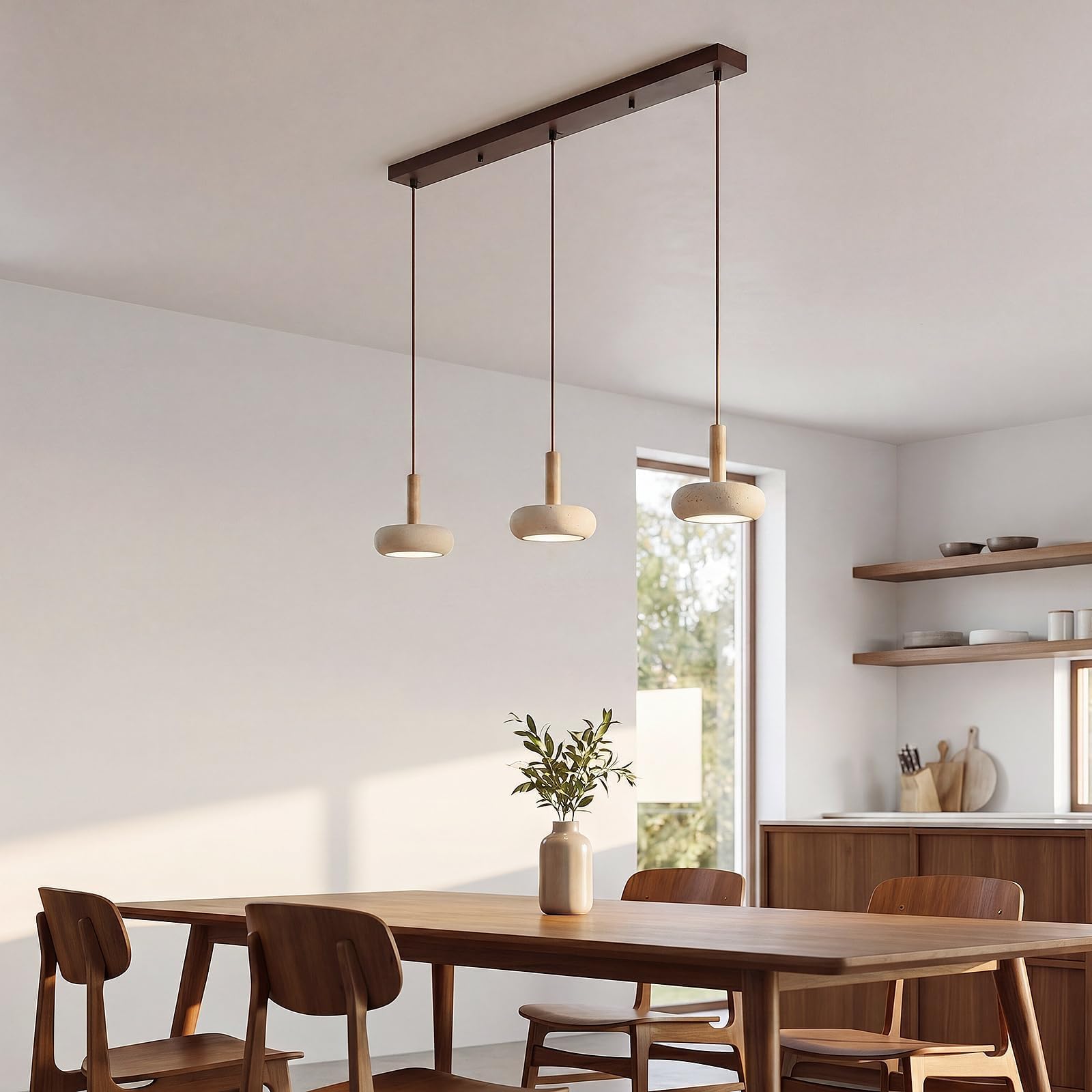 Lustre Suspendu LED 3 Têtes Style Japonais Wabi Sabi Luminaire Travertin Jaune Luminaires Bois Hauteur Réglable Lustres Moderne Adapté Au Salon Cuisine Chambre Salle À Manger Tige En bois