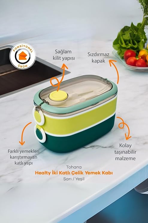 Vagonlife Bento 1300ml Lunchbox 2 Tiers 3 Division Stainless Steel Lunch Box Dining Box (Blue-Peanut Green)