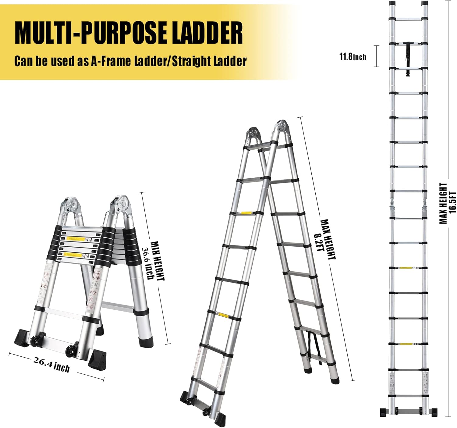Telescoping Ladder 16.5FT,A-Frame Aluminum Extension Ladders with Stabilizer Bar Wheels,Portable Multi-Purpose Collapsible Ladder for Roof Ceiling Household Use - - 