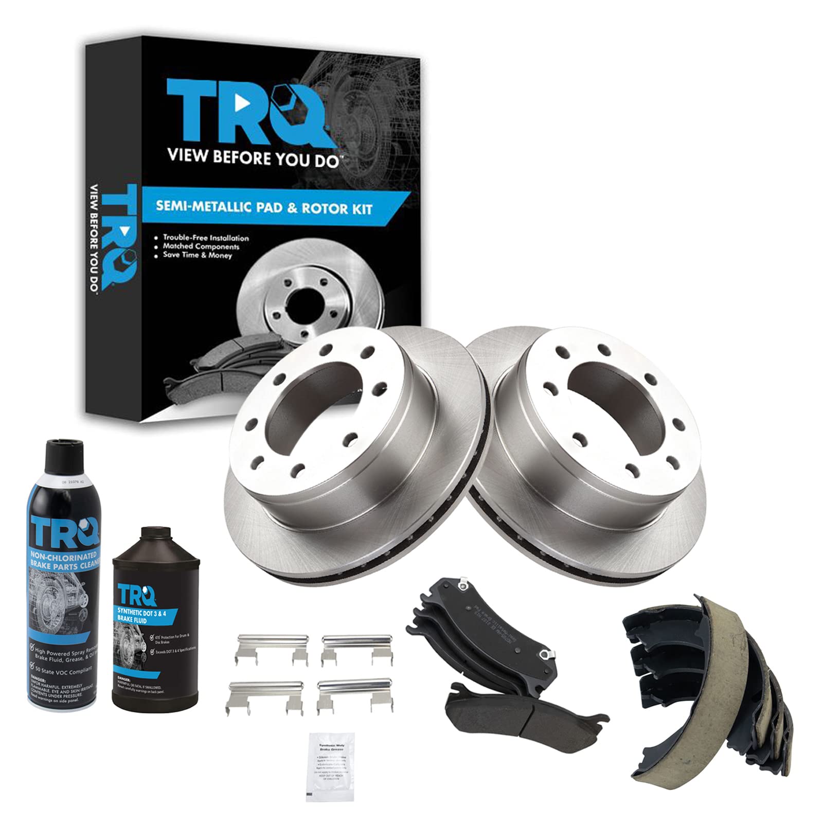 TRQ Rear Brake Pad &amp; Rotor Kit Semi-Metallic Compatible with 99-10 Chevrolet 99-09 GMC