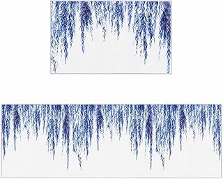 Navy Blue Kitchen Rugs Set of 2, Summer Botanical Leaves Watercolor Washable Bath Shower Door Welcome Runner Rug Mat Carpet for Bedroom Bathroom Living Room Accent Throw Desk Rug, 20"x 32"+ 20"x 47"