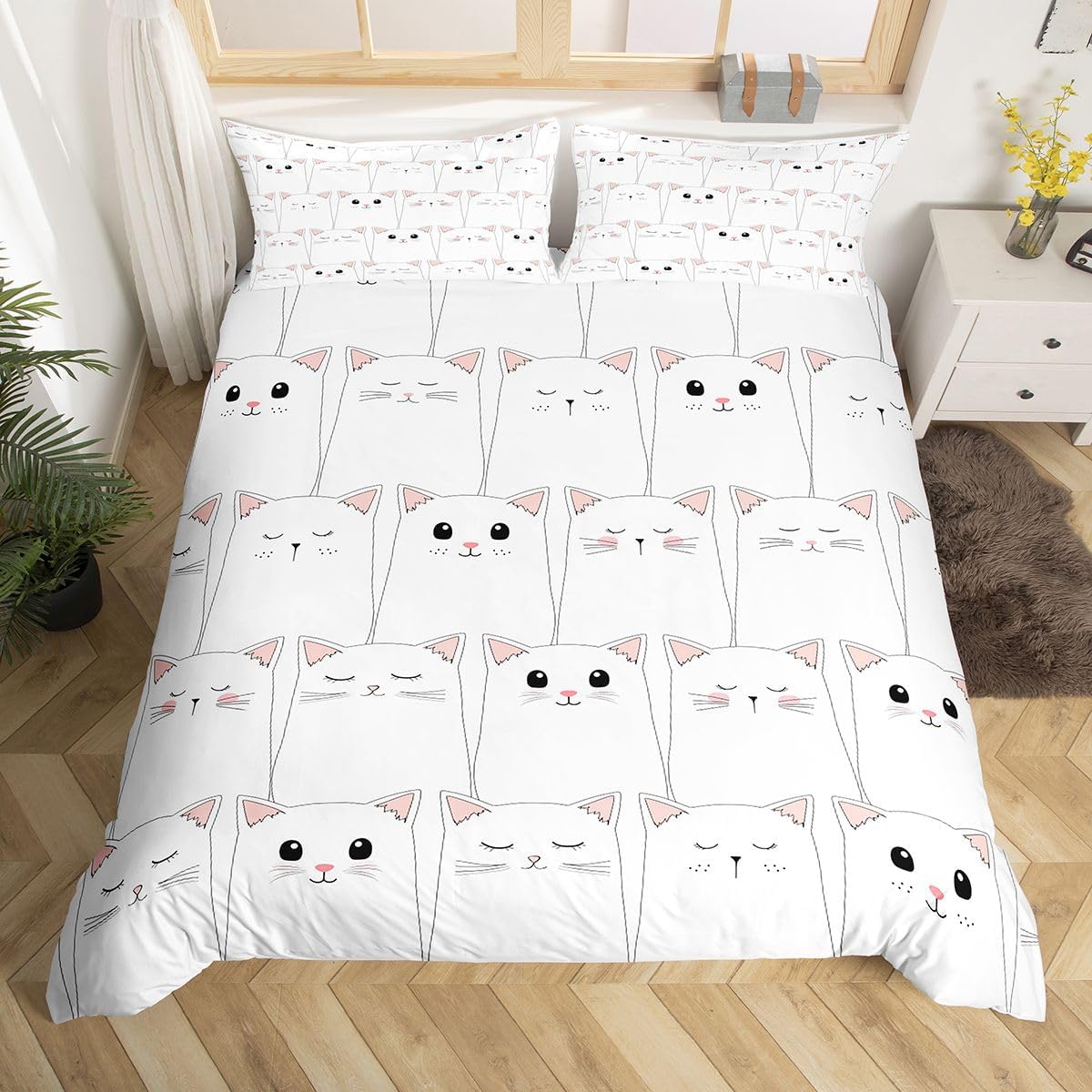 Feelyou Girls Comforter Cover Set Cute Cat Printed Bedding Set Queen 3 Pieces Decorative Mini Pet Animal Pattern Duvet Cover for Kids Teens Soft Microfiber Bedspread Cover with Pillow Shams