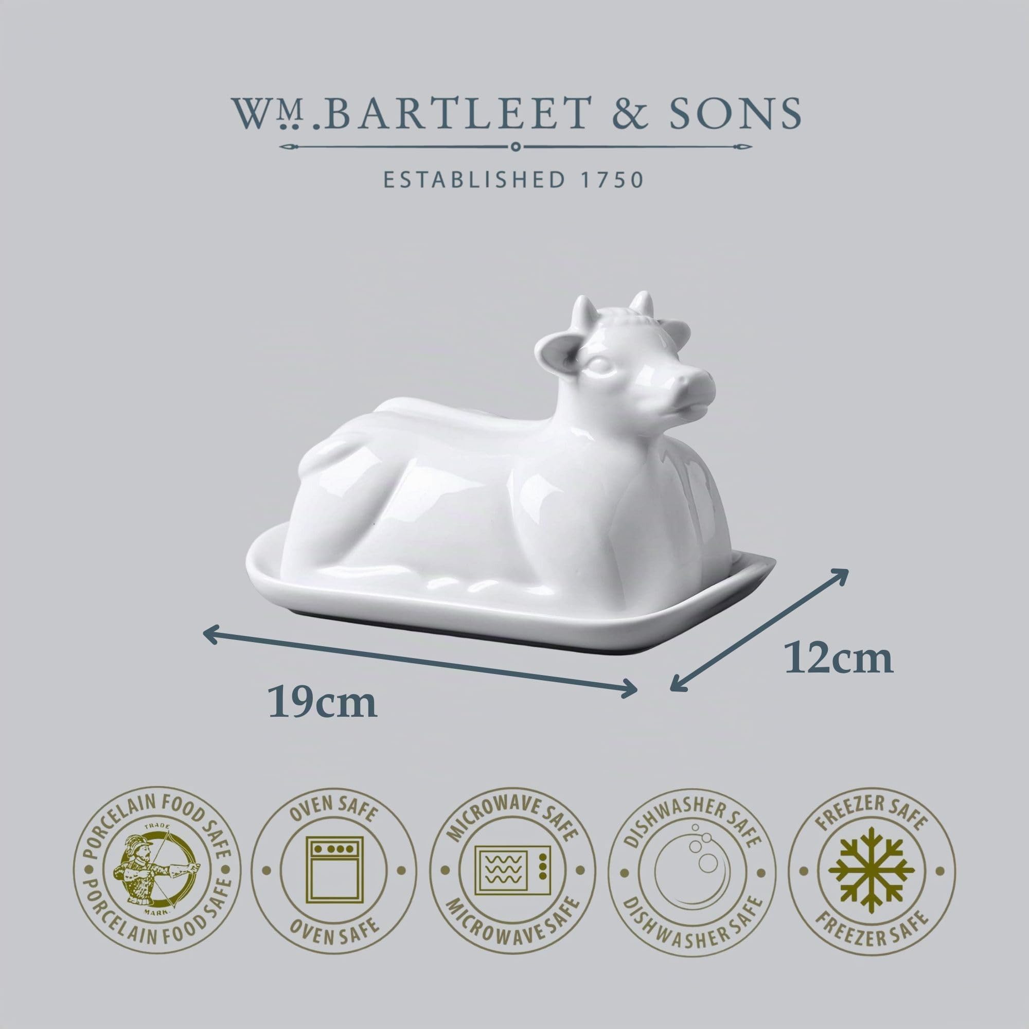 WM Bartleet & Sons 1750 Traditioneller Porzellan-Butterteller mit Deckel, Kuh-Design, 19 cm, Weiß