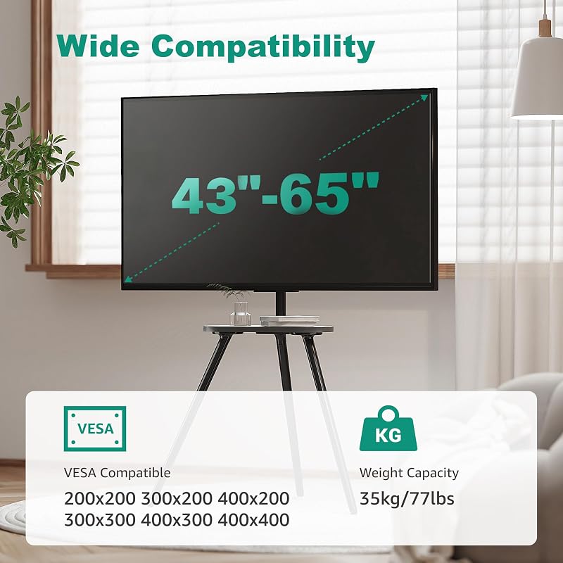 Metal Tripod TV Stand for 43-65" TVs, Swivel, Black image 2