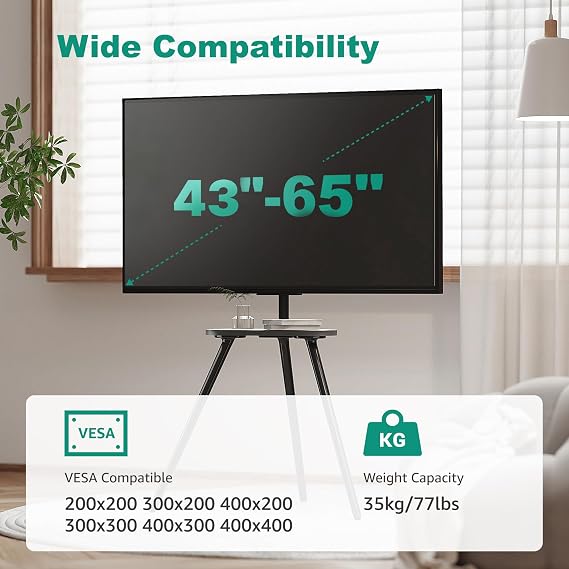 Easel Tripod TV Stand for 43-65 Inch TVs Up to 35kg, Black | Portable, Swivel & Height Adjustable Floor Stand with Wooden Tray, Supports Up to 35kg, Ideal for Bedroom