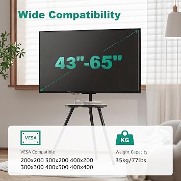 Easel Tripod TV Stand for 43-65 Inch TVs Up to 35kg, Black | Portable, Swivel & Height Adjustable Floor Stand with Wooden Tray, Supports Up to 35kg, Ideal for Bedroom