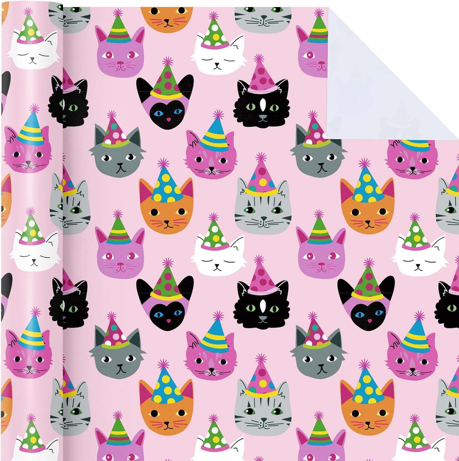 WRAPAHOLIC Kitty Cat Wrapping Paper Roll - Mini Roll - 17 Inch x 33 Feet - Pink Adorable Birthday Kitty Design, Perfect for Kids Girls Birthday, Baby Shower, Cat Lover