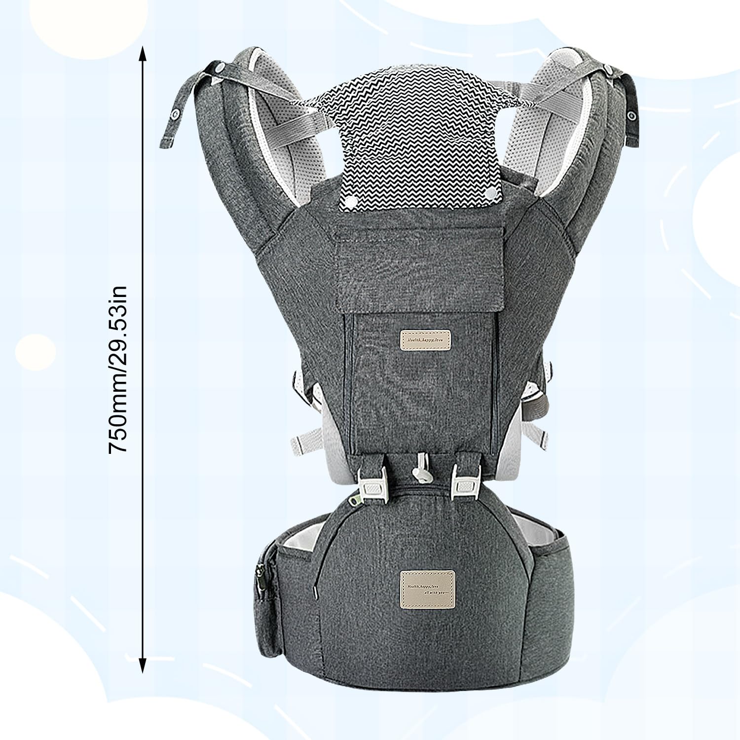 Marsupio per neonati dalla nascita per 3 – 36 mesi, in cotone, ergonomico, con seggiolino per bambini, morbido e traspirante, per viaggi, passeggiate, utilizzabile tutto l'anno (grigio)