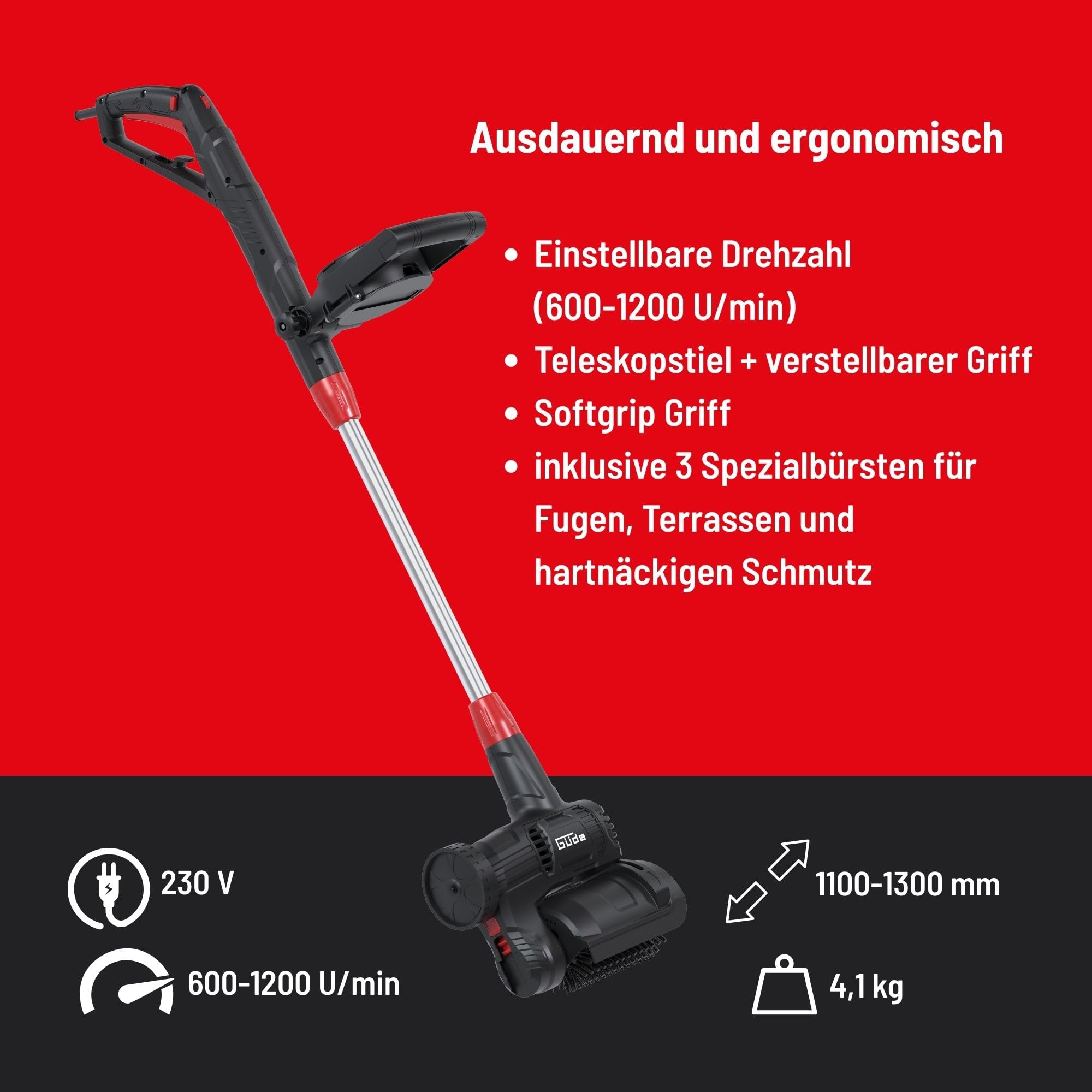 Güde GUB 160-500 - Cepillo eléctrico universal (230 V, 500 W, 600 a 1200 revoluciones por minuto, mango telescópico de 110 a 130 centímetros, con cepillos para juntas, terrazas y suciedad pesada)
